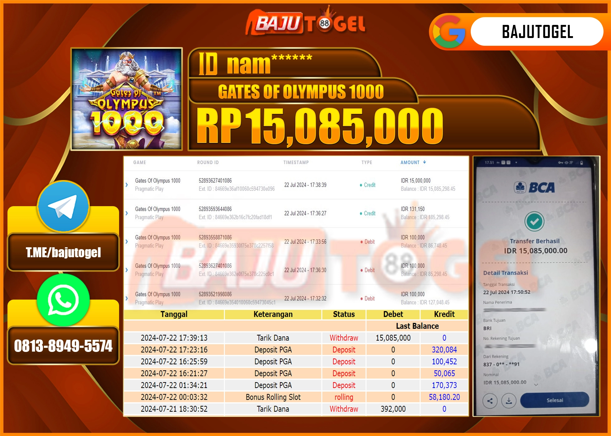 BAJUTOGEL JACKPOT SLOT GATES OF OLYMPUS 1000 Rp.15.085.000 LUNAS
