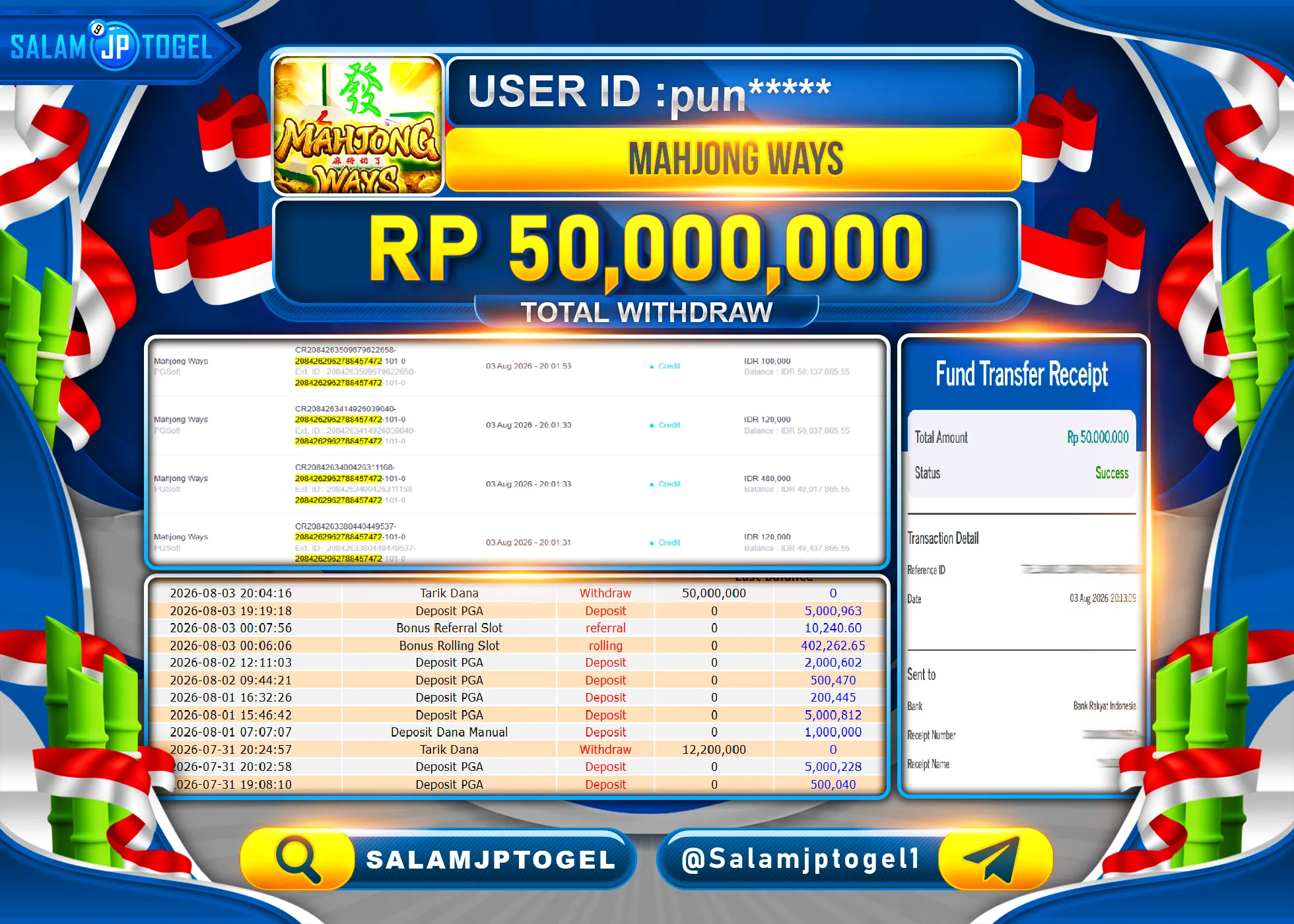SALAMJPTOGEL JACKPOT MENANG SLOT MAHJONG WAYS PG SOFT  Rp.50,000,000 - LUNAS