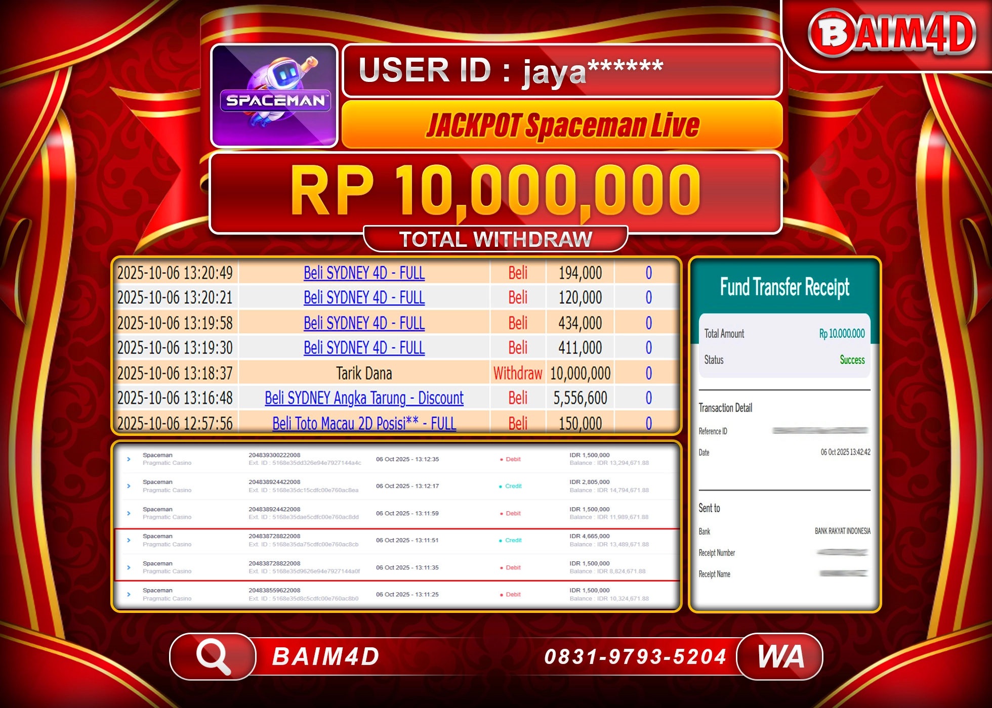 BAIM4D JACKPOT SLOT SPACEMAN PRAGMATIC PLAY Rp.10,000,000.- LUNAS