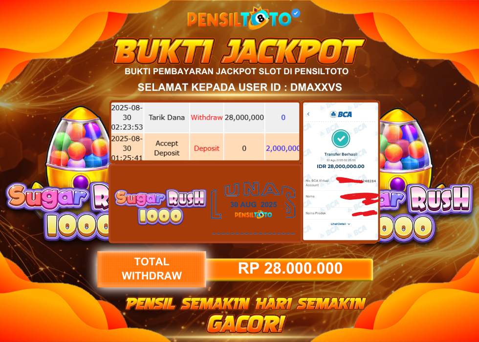 PENSILTOTO JACKPOT SUGAR RUSH 1000 Rp.28.000.000,- LUNAS