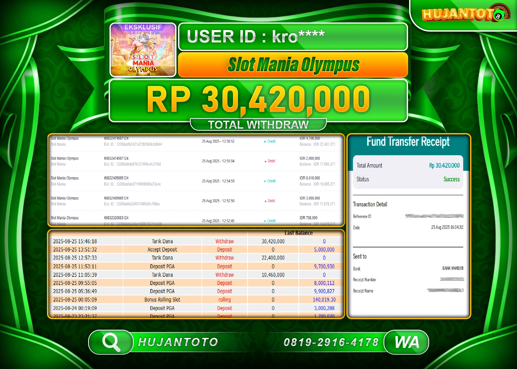 HUJANTOTO - BUKTI JACKPOT MENANG SLOT MANIA OLYMPUS Rp.30,420,000 - TERBAYAR LUNAS
