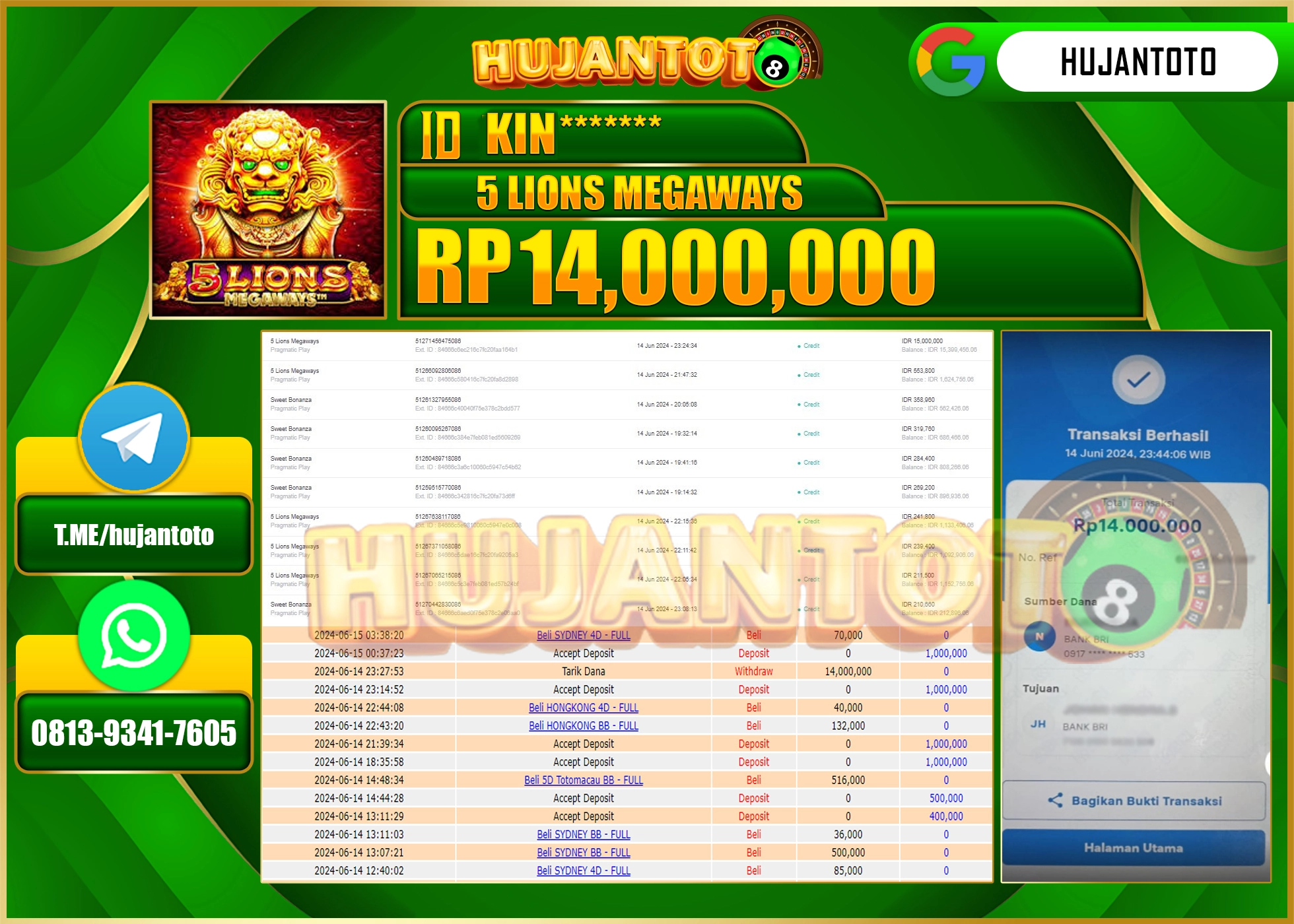 HUJANTOTO MENANG DI 5 LIONS MEGAWAYS 14.000.000 - LUNAS 