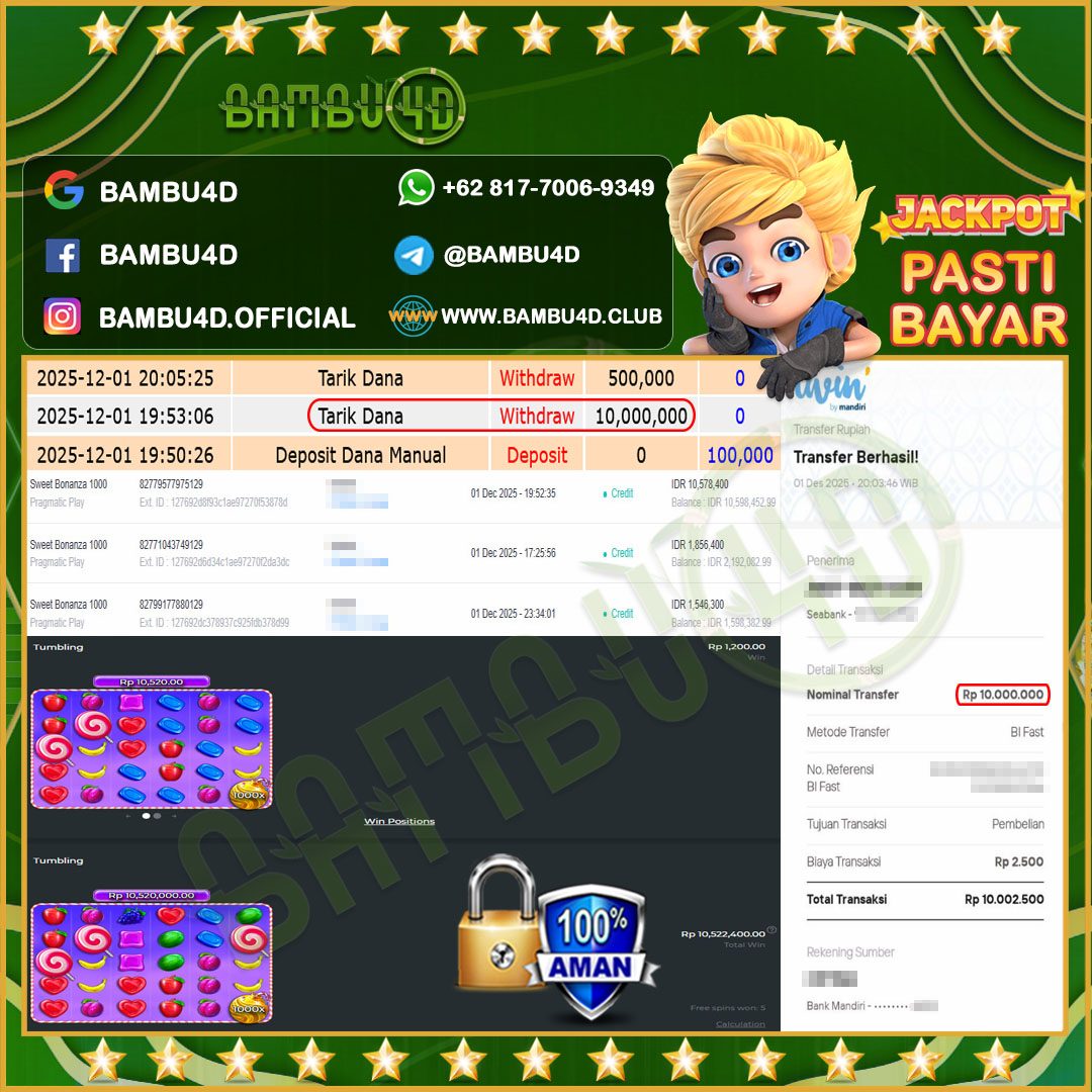 BAMBU4D JACKPOT SLOT PRAGMATIC SWEET BONANZA 1000 Rp.10.578.400,- LUNAS