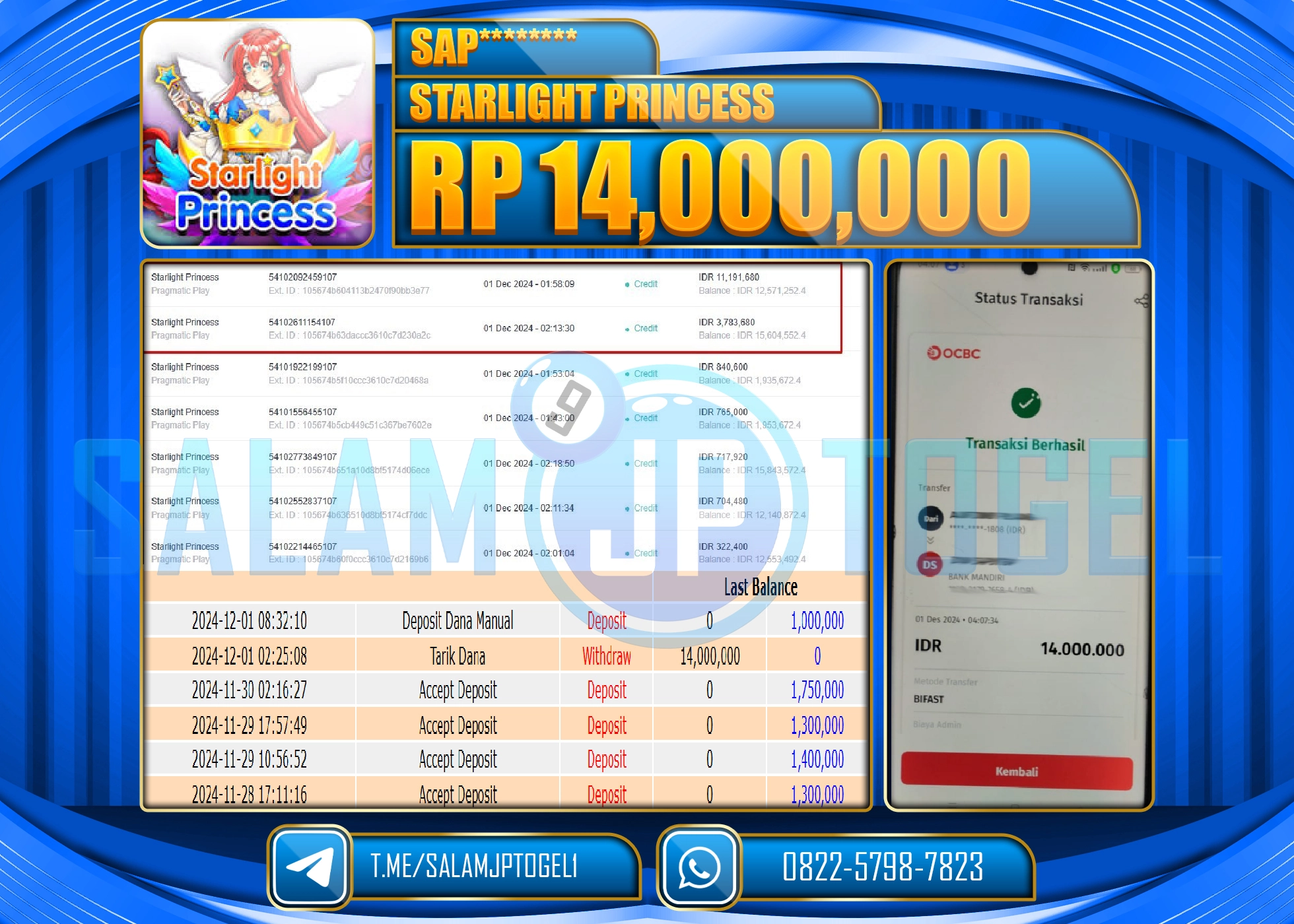 SALAMJPTOGEL MENANG SLOT STARLIGHT PRINCCES RP. 14,000,000 LUNAS