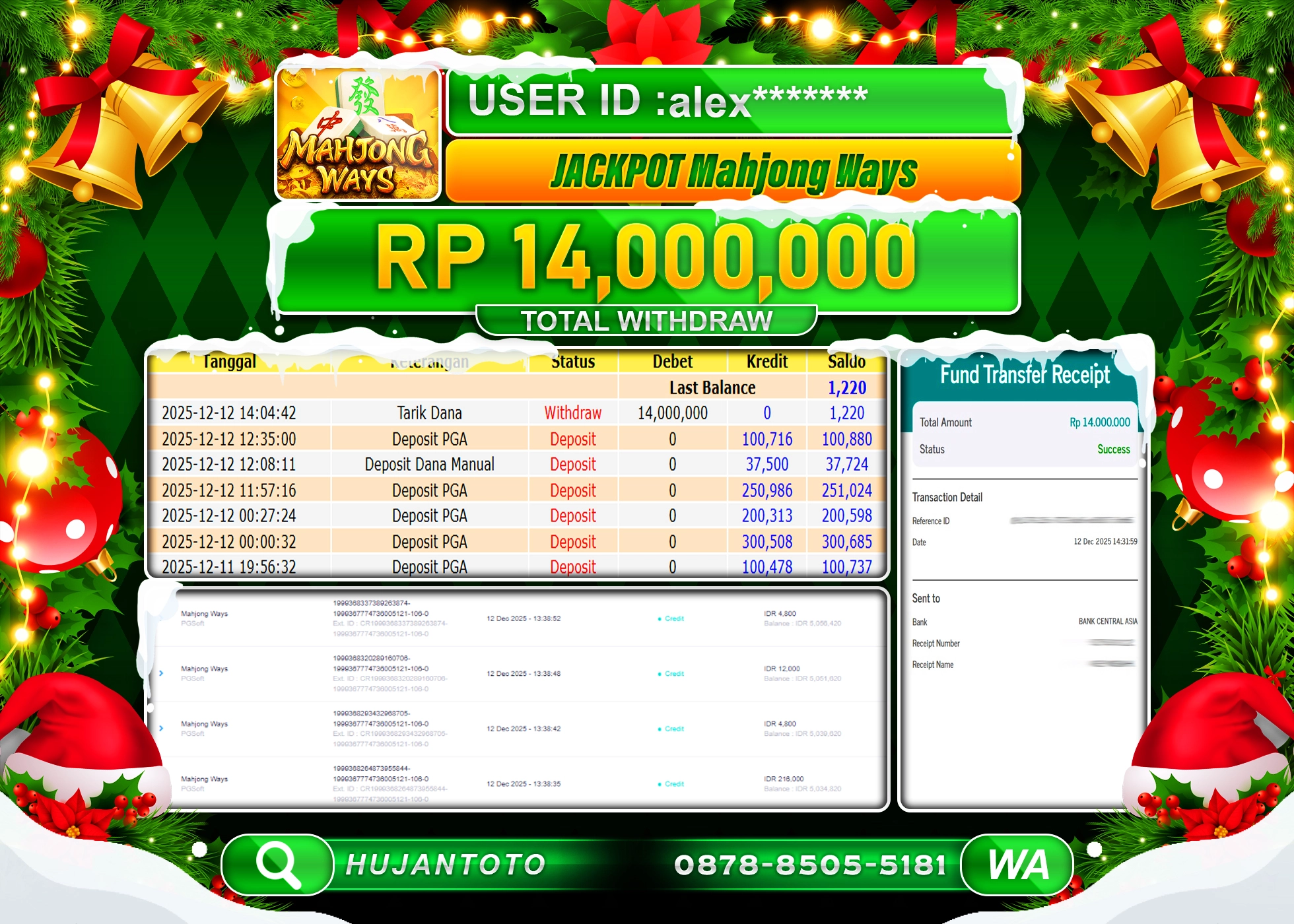 HUJANTOTO - BUKTI JACKPOT MENANG SLOT GAME MAHJONG WAYS PG SOFT Rp.14,000,000 - TERBAYAR LUNAS