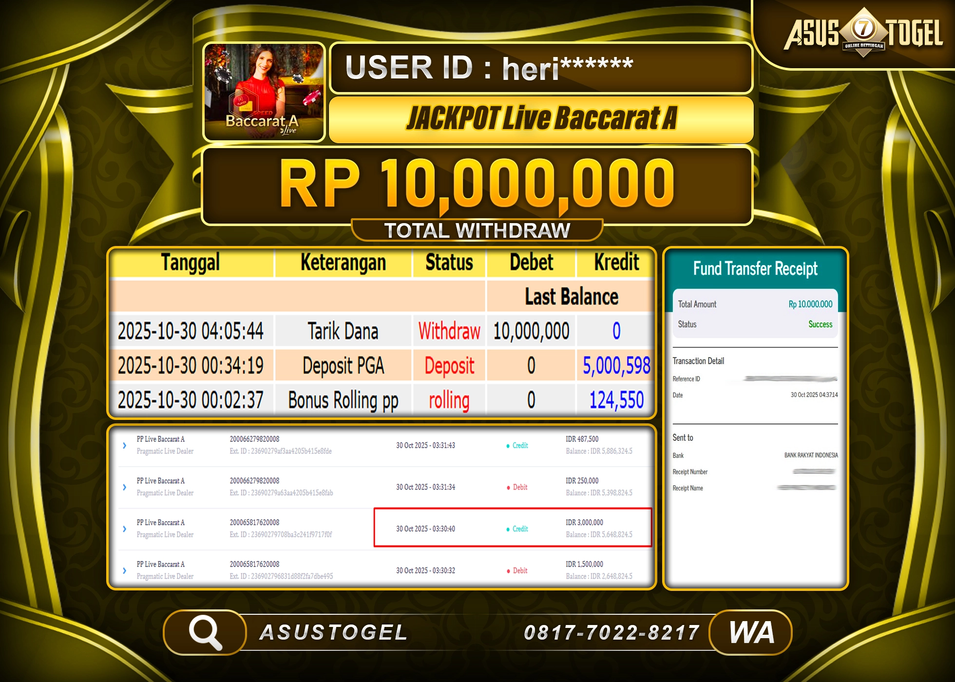 ASUSTOGEL KEMENANGAN DI LIVE GAMES BACCARAT SEBESAR 10,000,000- RUPIAH LUNAS