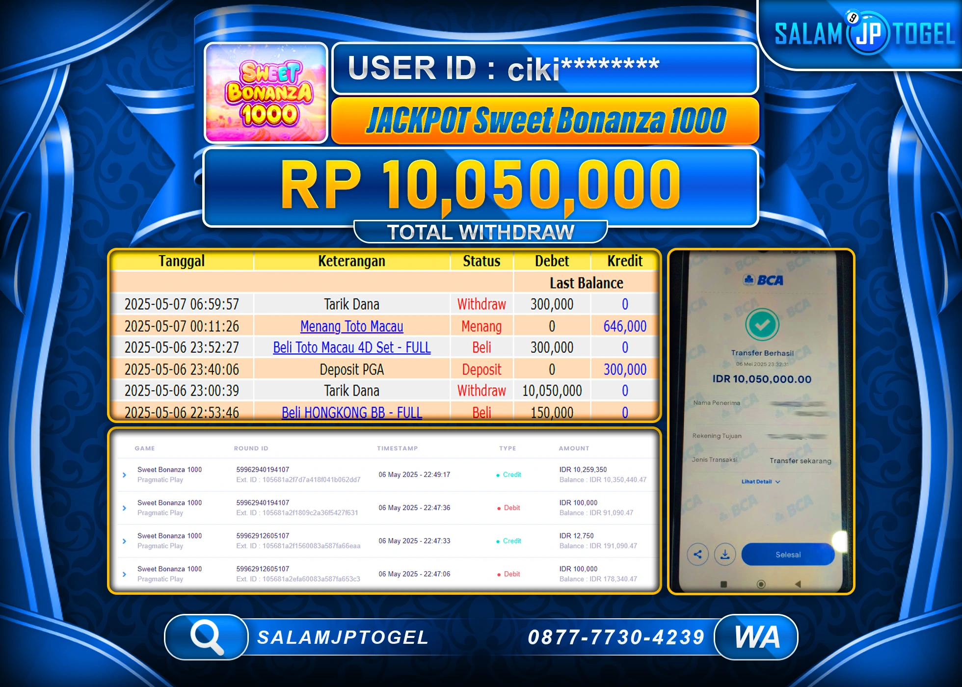 SALAMJPTOGEL MENANG Sweet Bonanza 1000 Rp.10,050,000 LUNAS