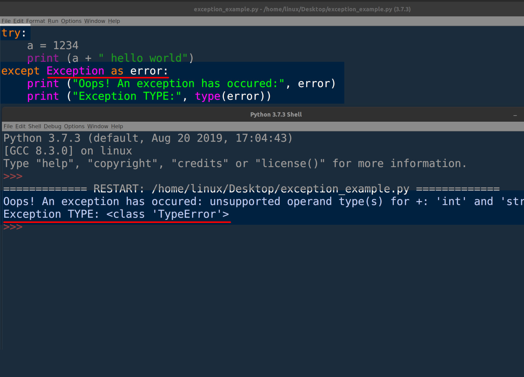 Screenshot of Python IDLE returning exception information in a try-except indentation block