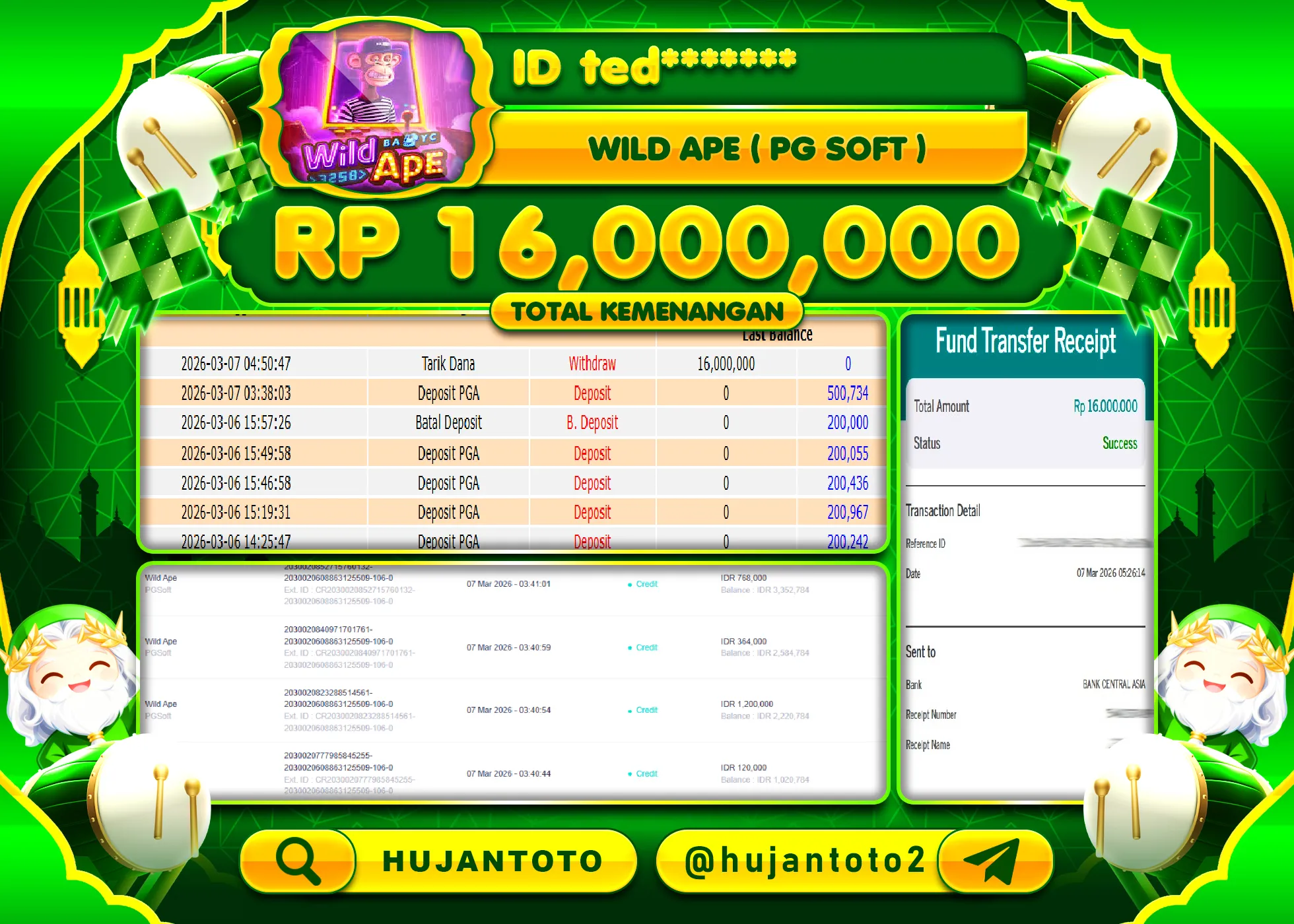 HUJANTOTO - BUKTI JACKPOT MENANG SLOT WILD APE PG SOFT Rp.16,000,000 - TERBAYAR LUNAS