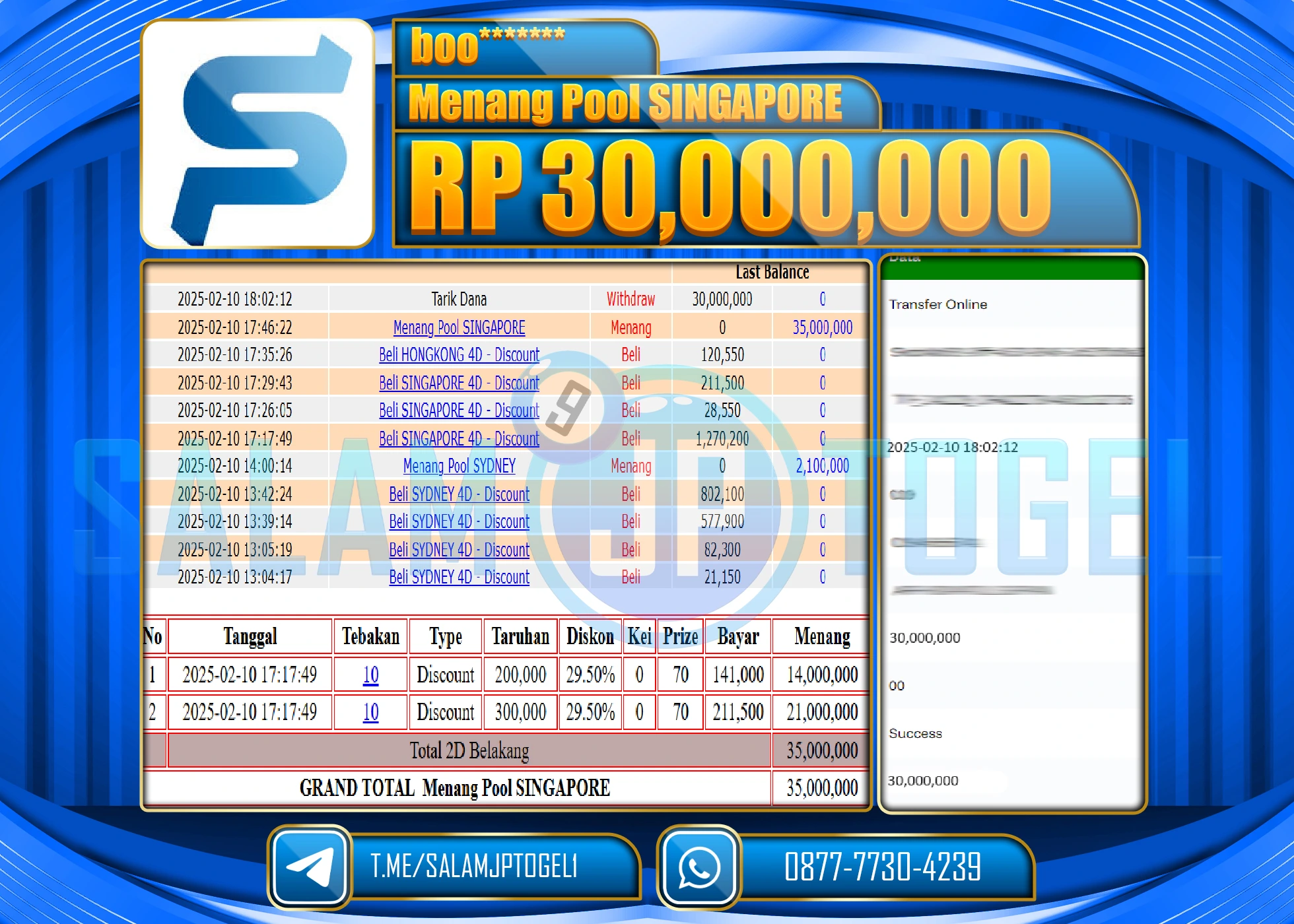 SALAMJPTOGEL MENANG SINGAPORE POOLS  Rp.30,000,000 LUNAS