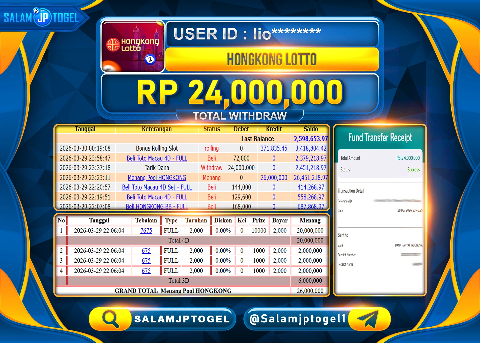 SALAMJPTOGEL MENANG JACKPOT TOGEL HONGKONG LOTTO Rp.24,000,000 - LUNAS