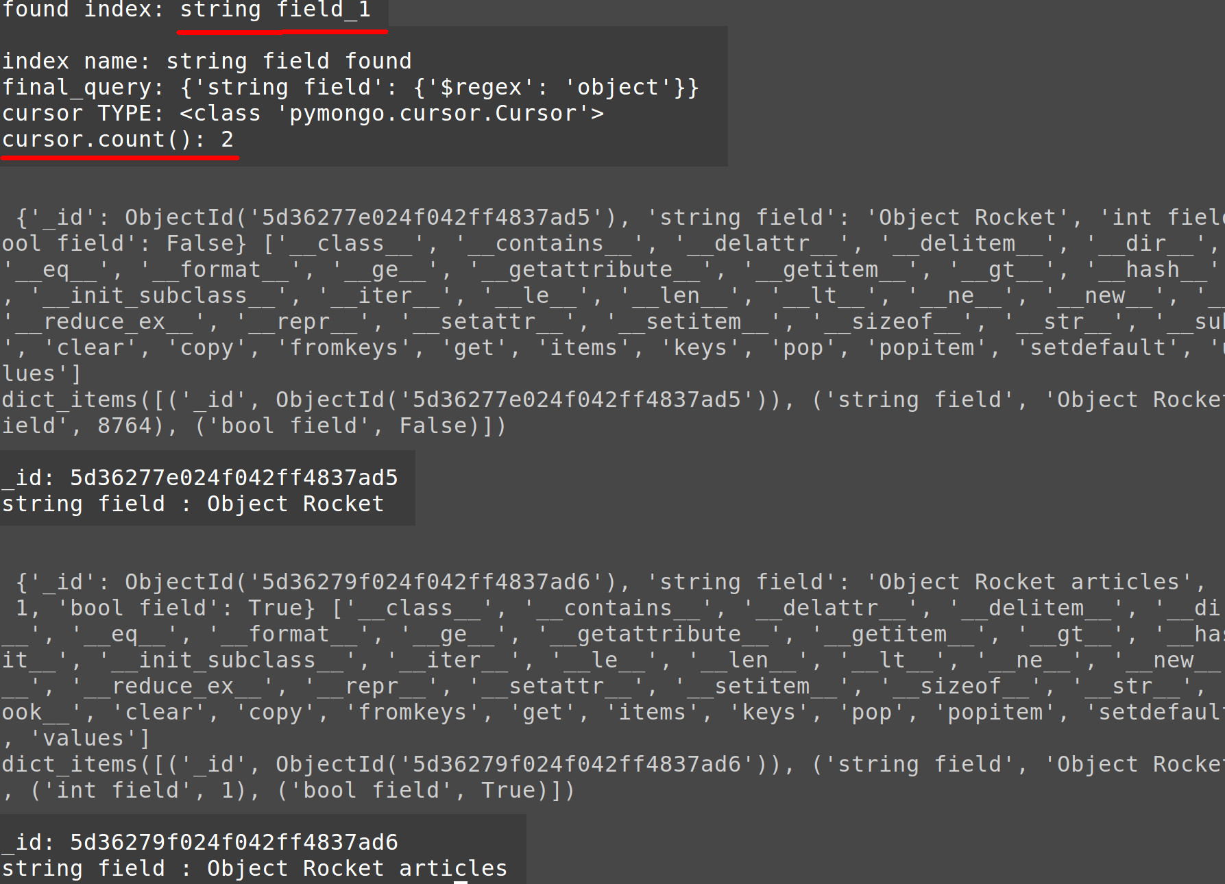 Terminal screenshot a request to query MongoDB documents using a Python script