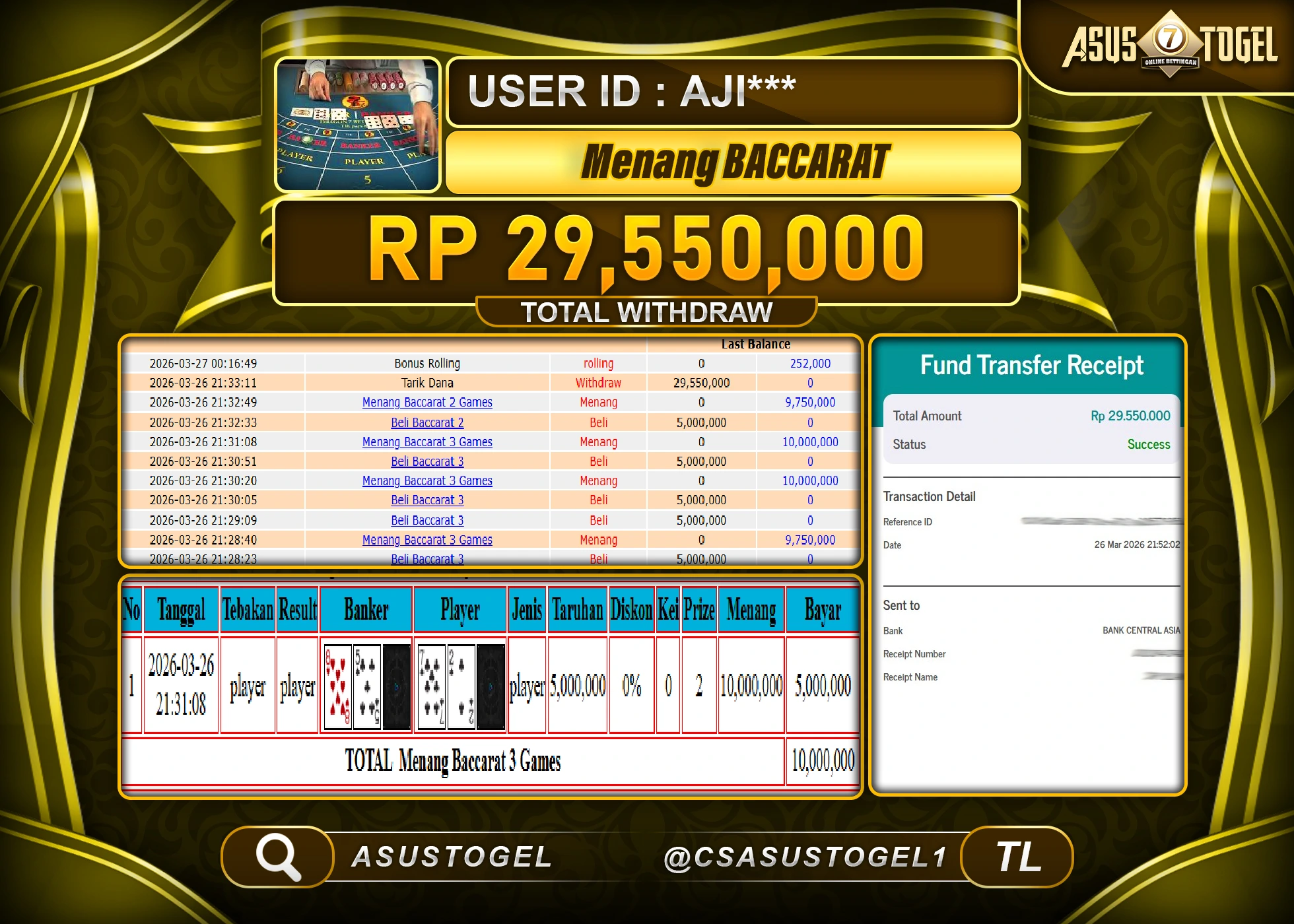 ASUSTOGEL KEMENANGAN JACKPOT DI BACCARAT LIVEGAMES SEBESAR  Rp.29,550,000 - RUPIAH LUNAS