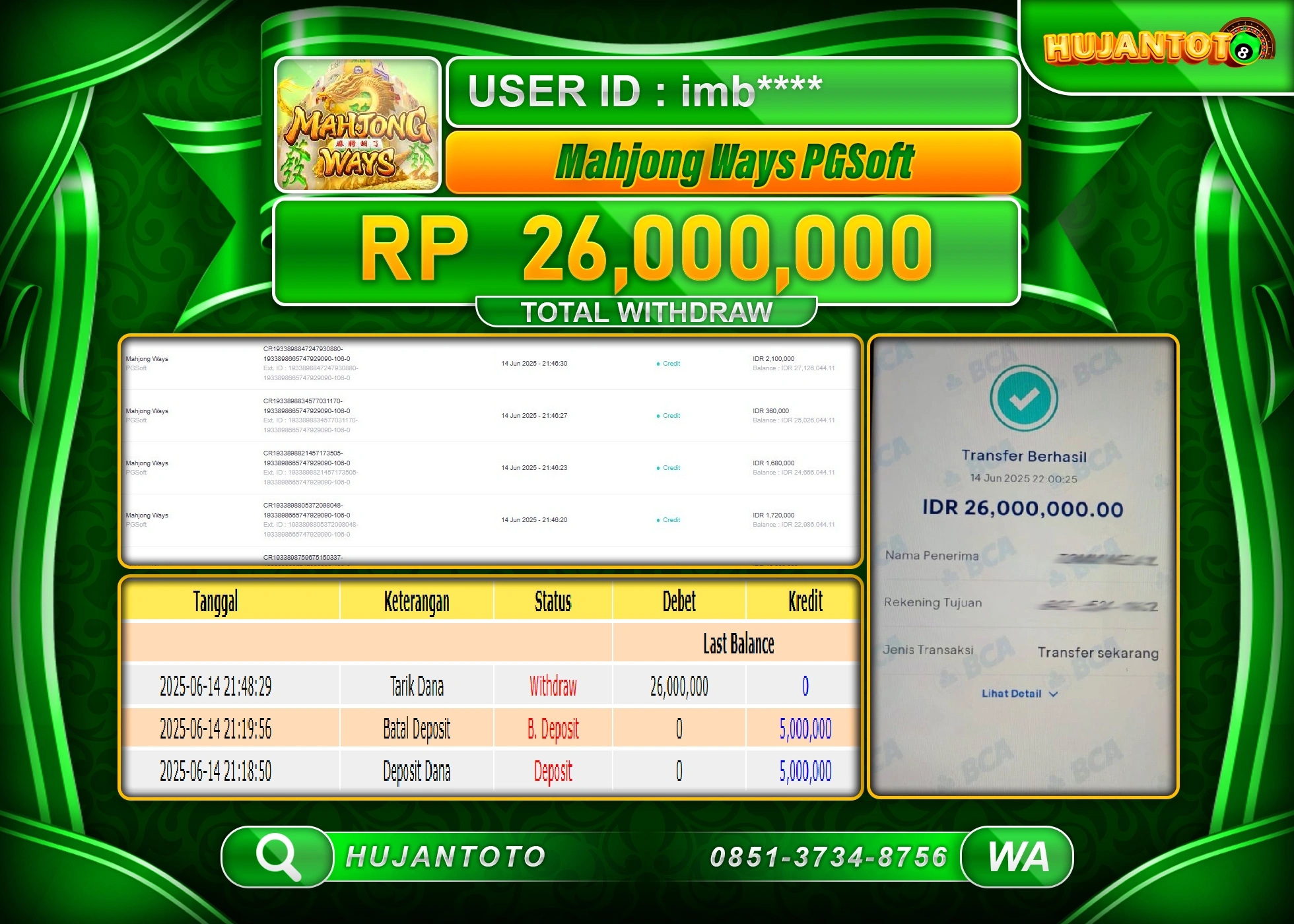 HUJANTOTO - BUKTI JACKPOT MENANG SLOT MAHJONG WAYS Rp,26,000,000 - TERBAYAR LUNAS