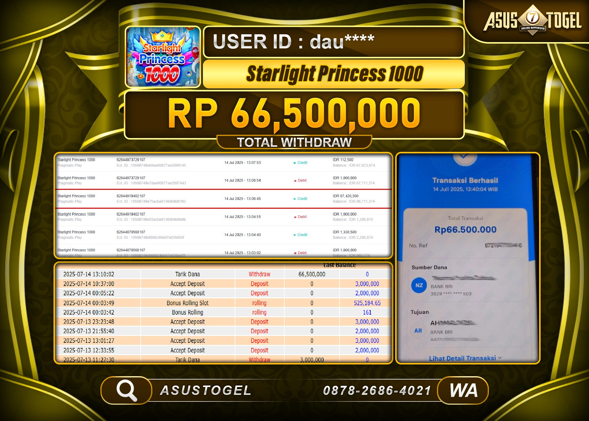 ASUSTOGEL KEMENANGAN DI SLOT STARLIGHT PRINCESS 1000 SEBESAR 66,500,000- RUPIAH LUNAS