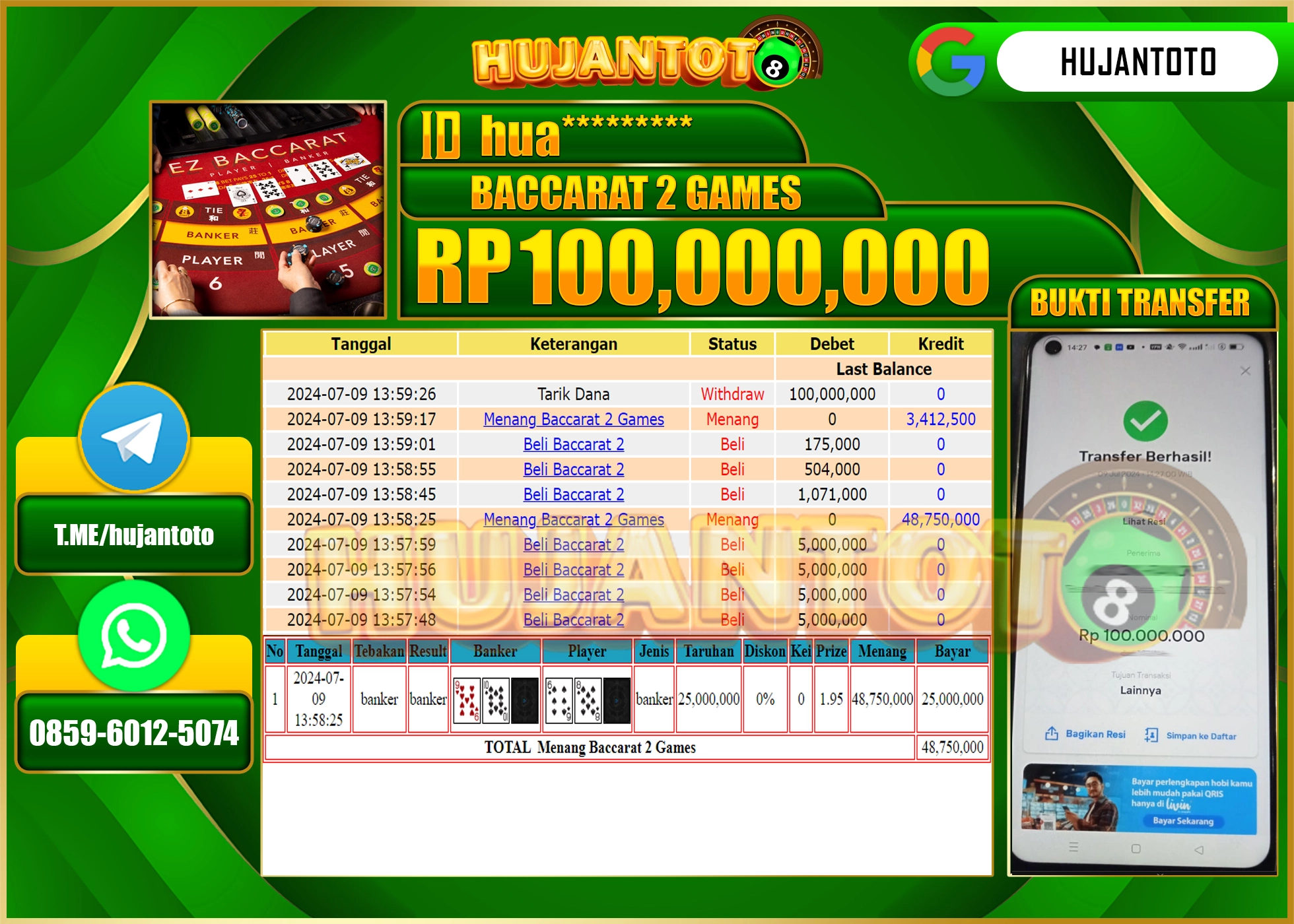 HUJANTOTO MENANG LIVE CASINO BACCARAT 2 100,000,000 - LUNAS 