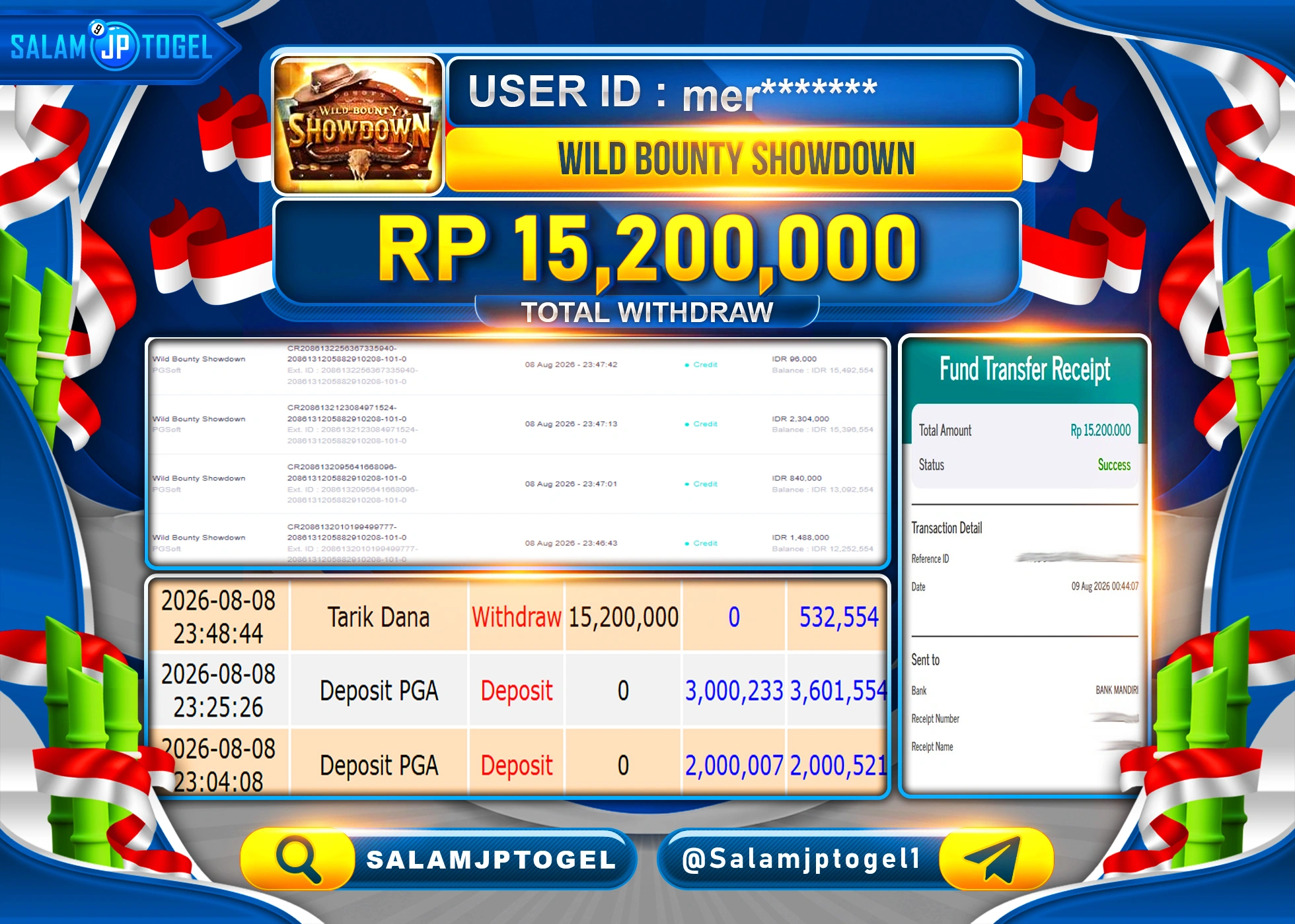 SALAMJPTOGEL JACKPOT MENANG SLOT WILD BOUNTY SHOWDOWN Rp.15,200,000 - LUNAS