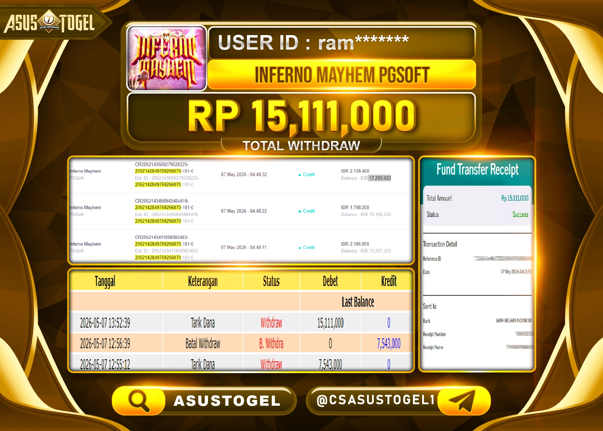 ASUSTOGEL KEMENANGAN JACKPOT DI PERMAINAN INFERNO MAYHEM SEBESAR Rp.15,111,000 - RUPIAH LUNAS