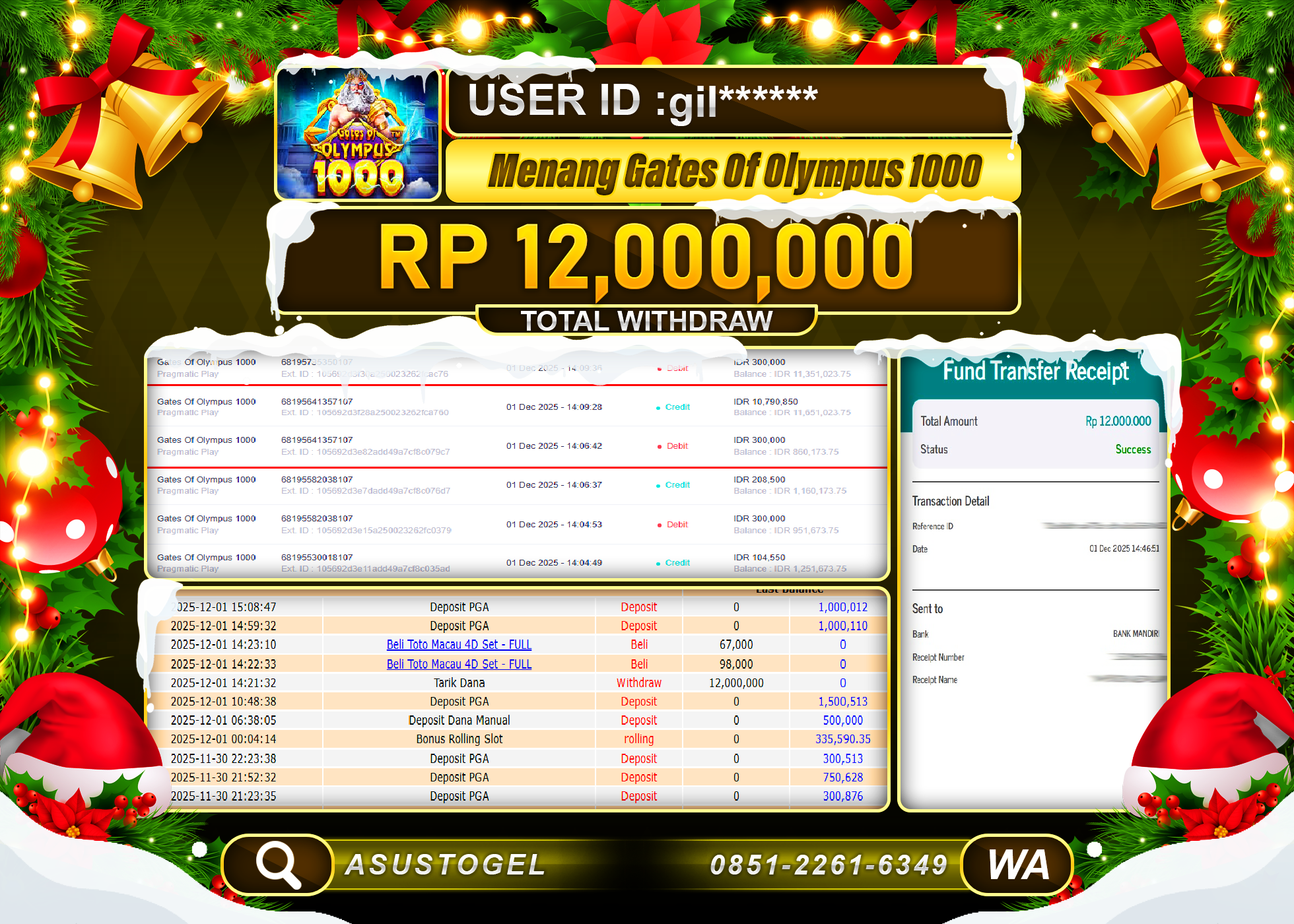 ASUSTOGEL KEMENANGAN DI SLOT GATES OF OLYMPUS 1000 SEBESAR 12,000,000 - RUPIAH LUNAS