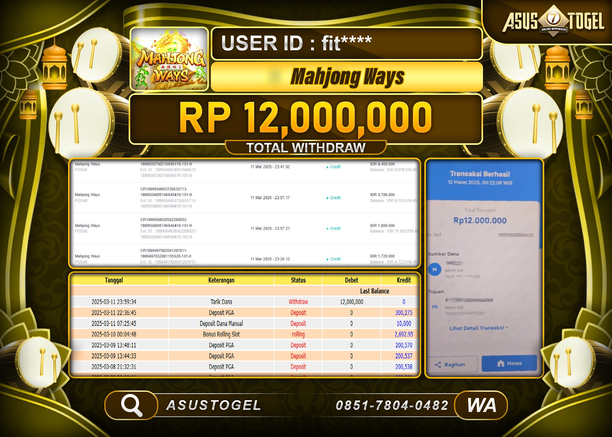 ASUSTOGEL KEMENANGAN DI SLOT MAHJONG WAYS SEBESAR 12,000,000- RUPIAH LUNAS