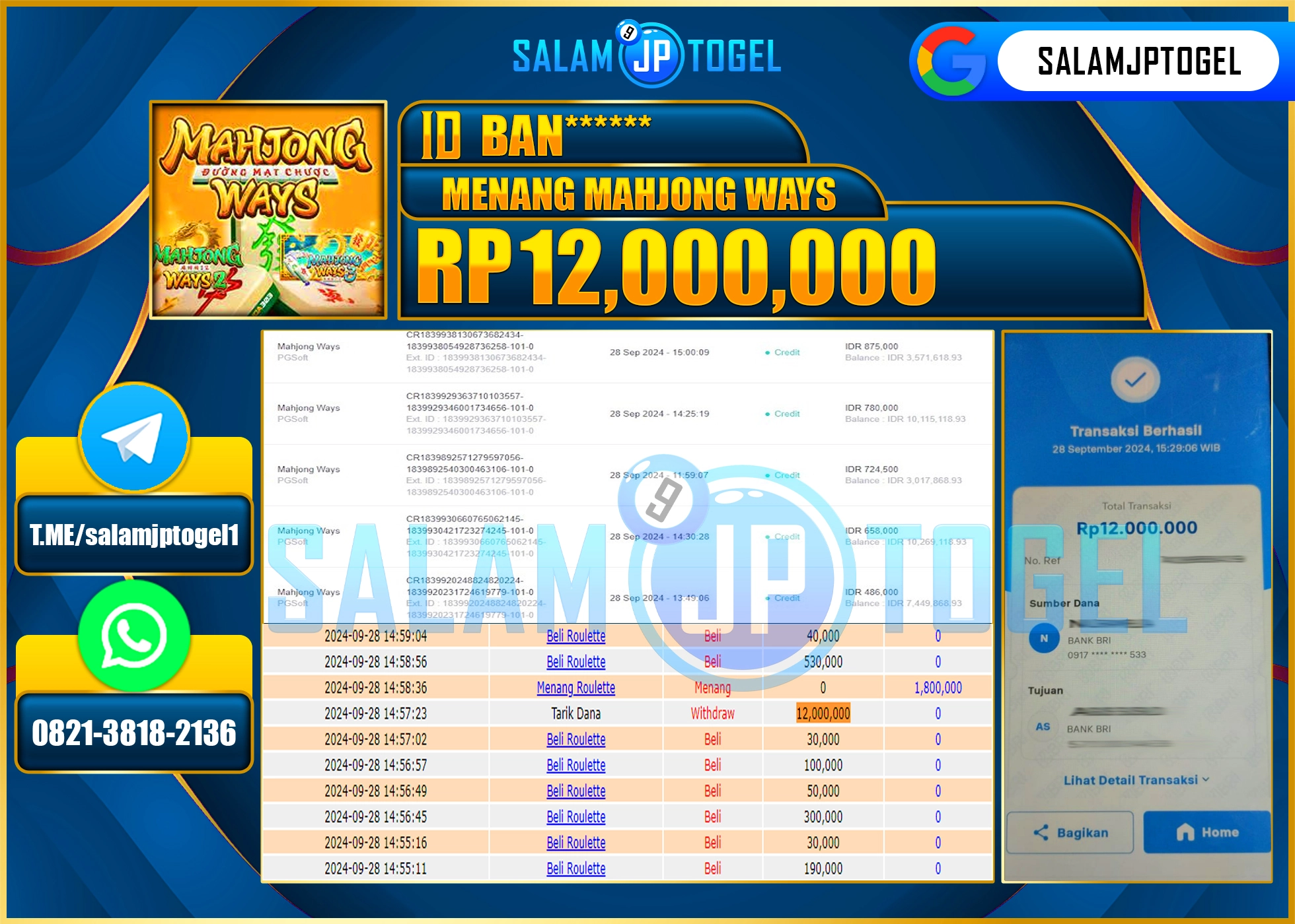 SALAMJPTOGEL MENANG Mahjong Ways 2  RP. 12,000,000 LUNAS