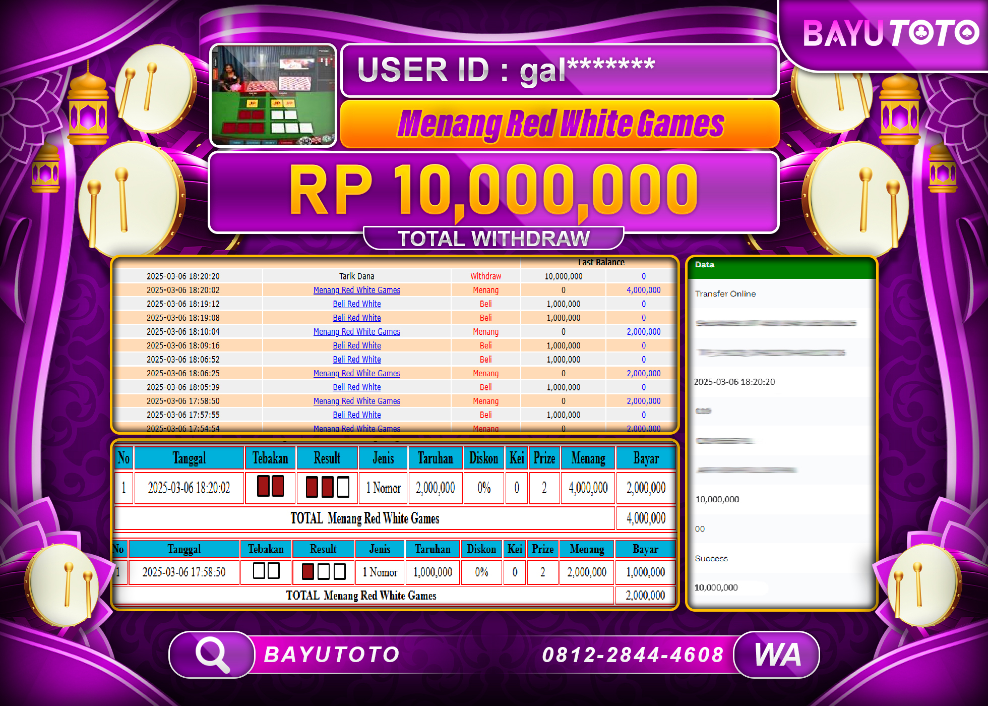 BAYUTOTO JACKPOT CASINO LIVE GAMES RED WHITE Rp.10.000.000 LUNAS