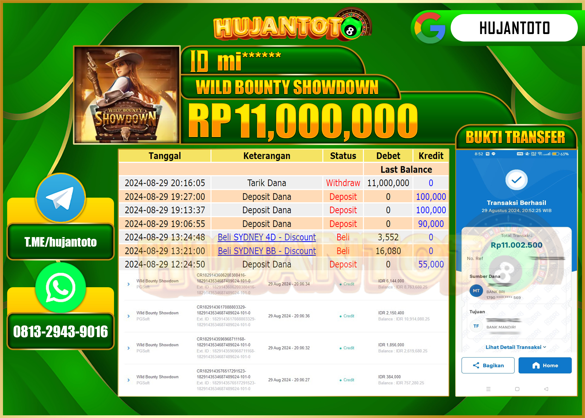 HUJANTOTO MENANG BESAR DI PERMAINAN WILD BOUNTY SHOWDOWN 11.000.000 - LUNAS 