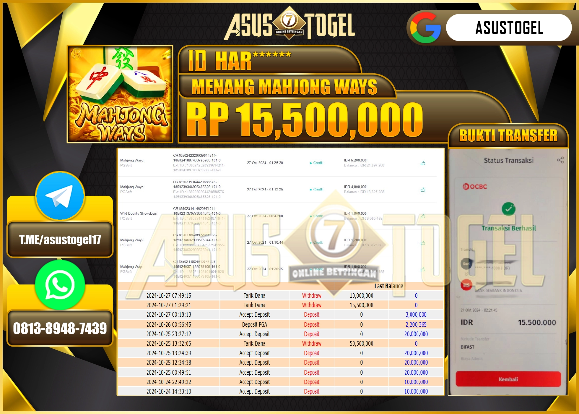 ASUSTOGEL KEMENANGAN DI GAMES MAHJONG WAYS SEBESAR 15,500,000 -RUPIAH LUNAS