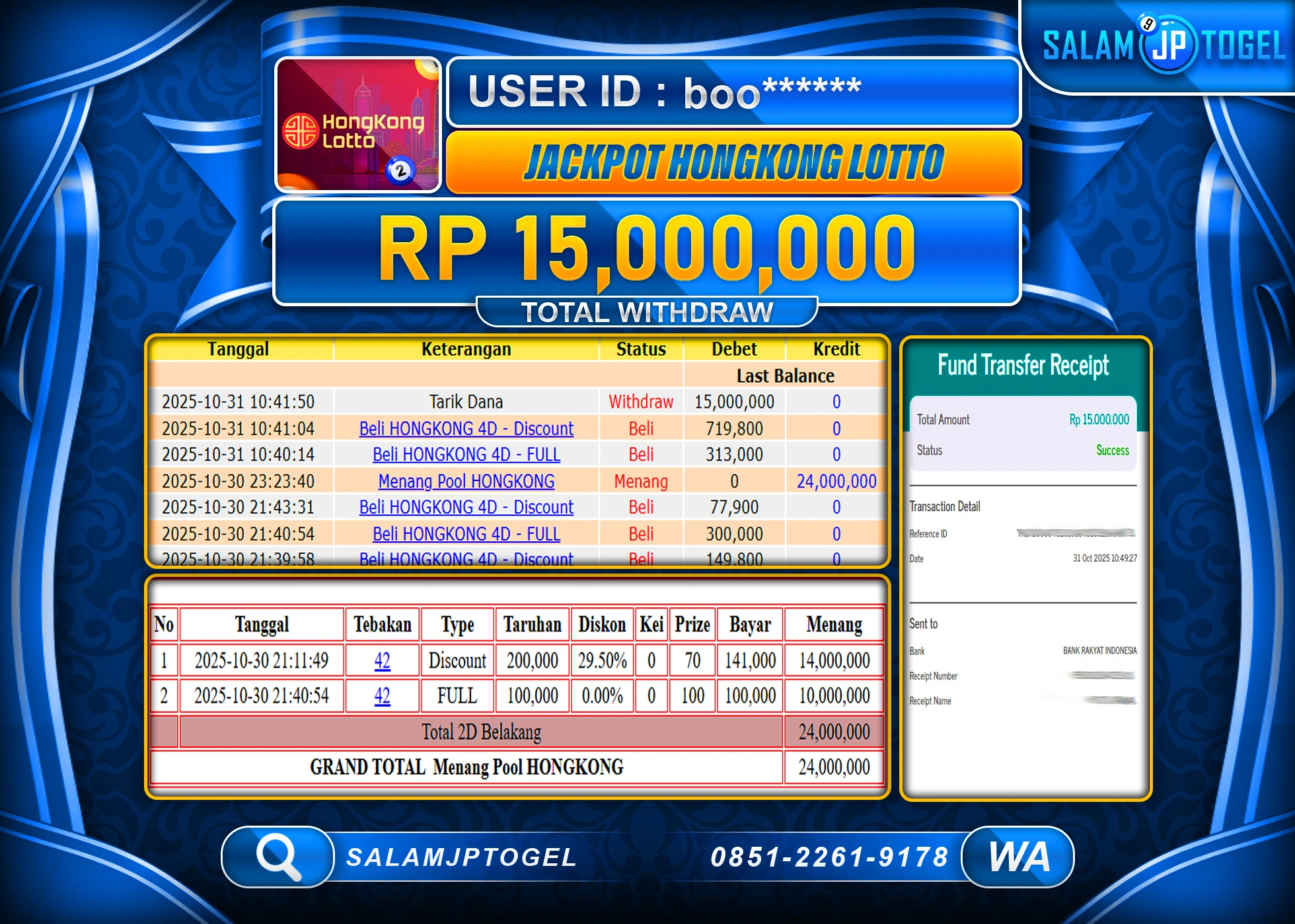 SALAMJPTOGEL MENANG HONGKONG LOTTO Rp.15,000,000  - LUNAS
