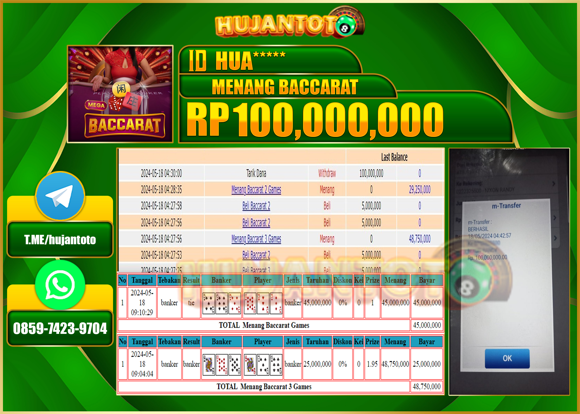 HUJANTOTO MENANG LIVE CASINO BACCARAT GAMES 100,000,000 - LUNAS 
