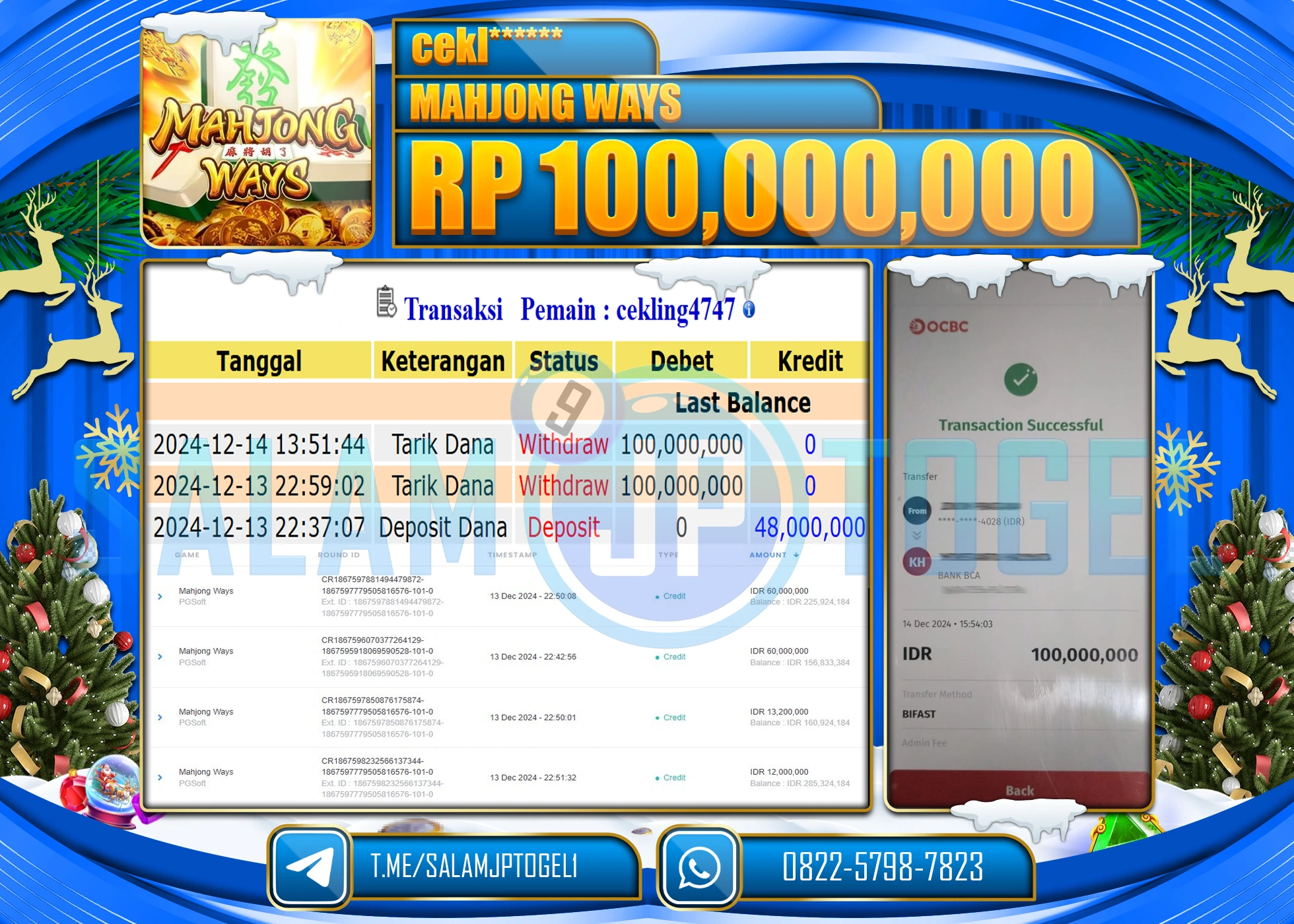 SALAMJPTOGEL MENANG SLOT PG SOFT MAHJONG WAYS Rp.100,000,000 LUNAS