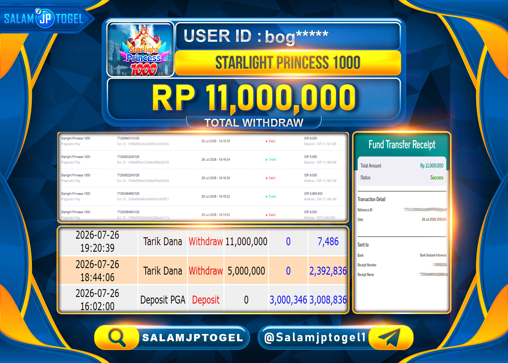 SALAMJPTOGEL JACKPOT MENANG SLOT STARLIGHT PRINCESS 1000 Rp.11,000,000 - LUNAS