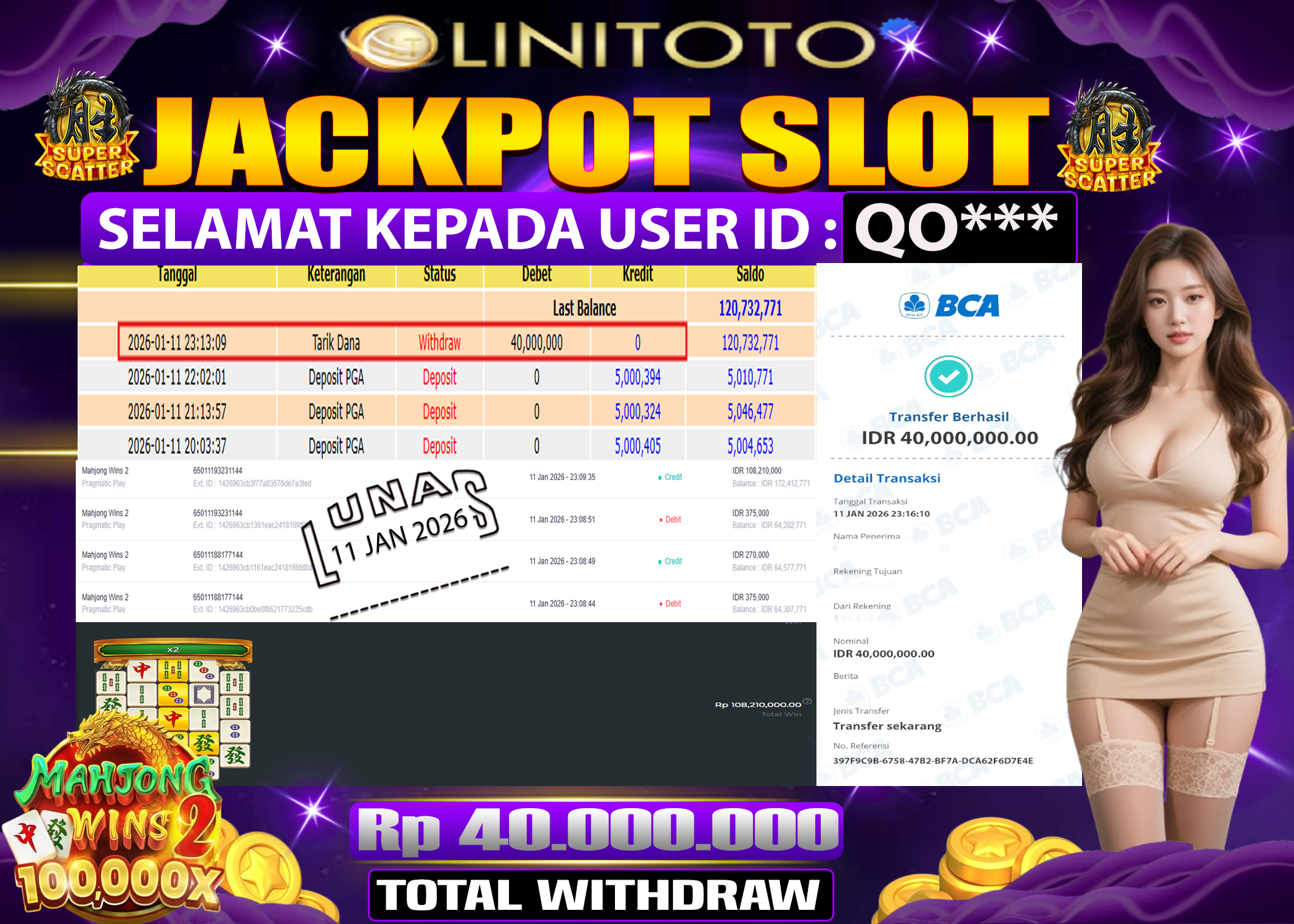 LINITOTO JACKPOT SLOT Mahjong Wins 2  Rp.40,000,000 - LUNAS