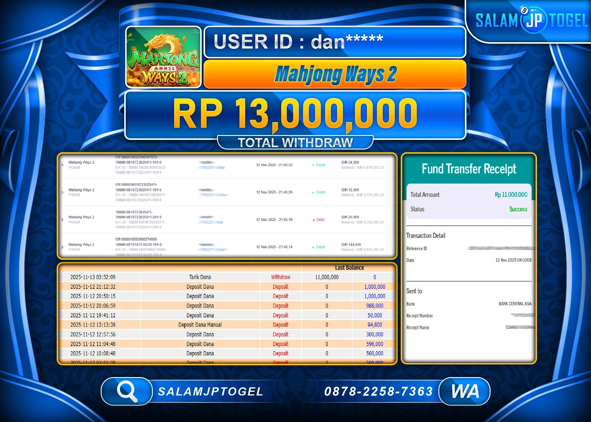SALAMJPTOGEL MENANG JACKPOT MAHJONG WAYS 2 Rp.13,000,000  - LUNAS