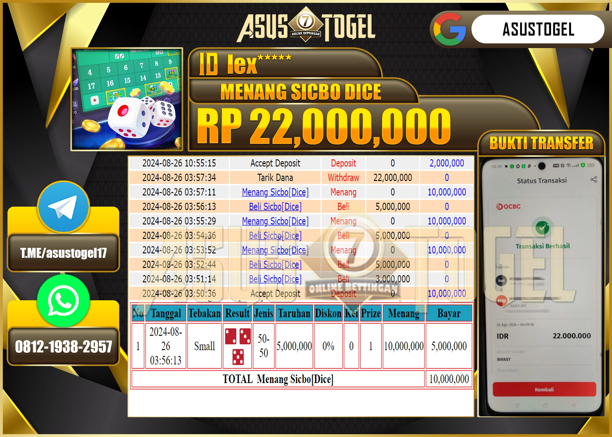 ASUSTOGEL KEMENANGAN DI LIVEGAME SICBO DICE SEBESAR 22,000,000- RUPIAH LUNAS