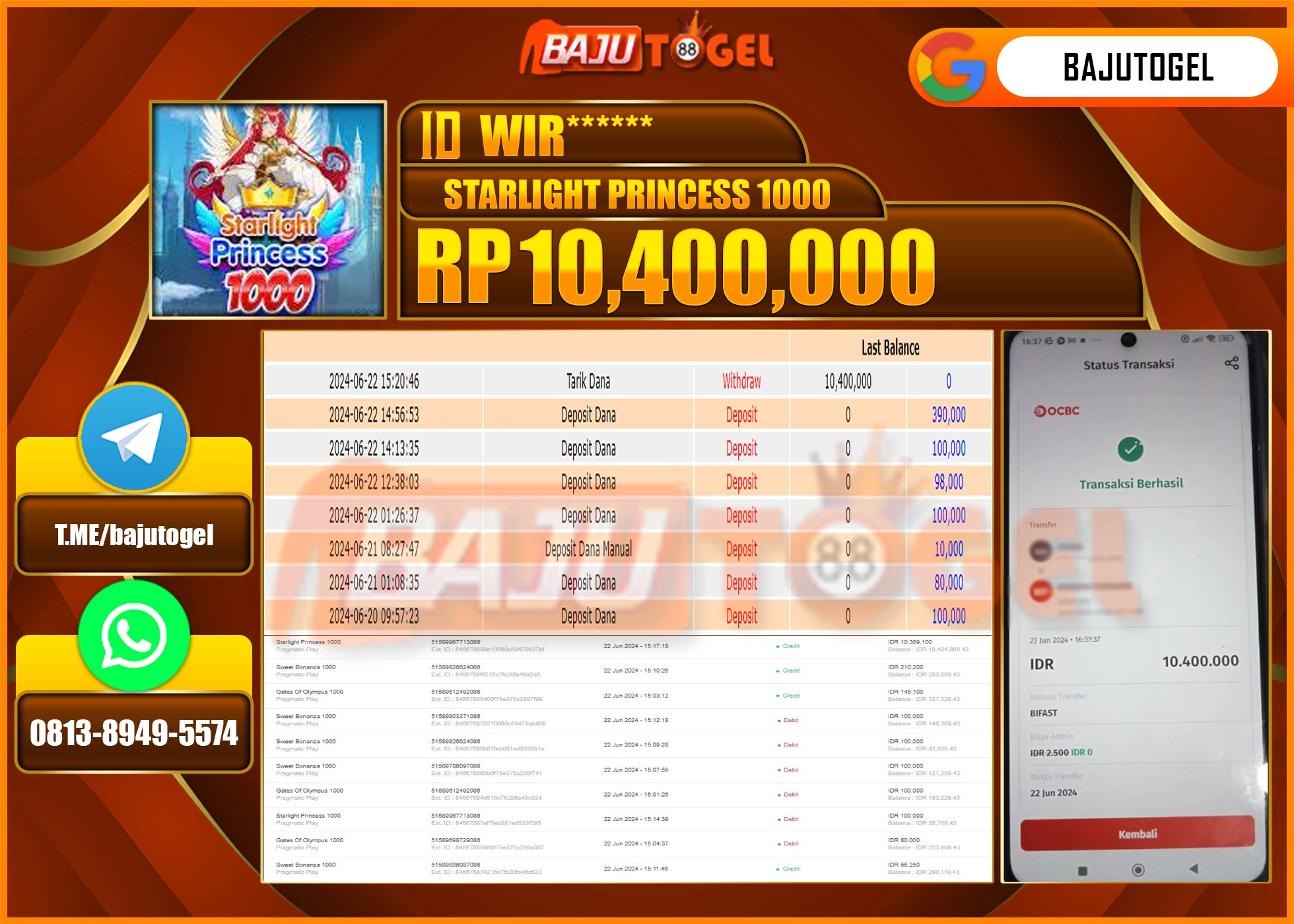 BAJUTOGEL JACKPOT SLOT STARLIGHT PRINCES 1000 Rp.10.400.000 LUNAS