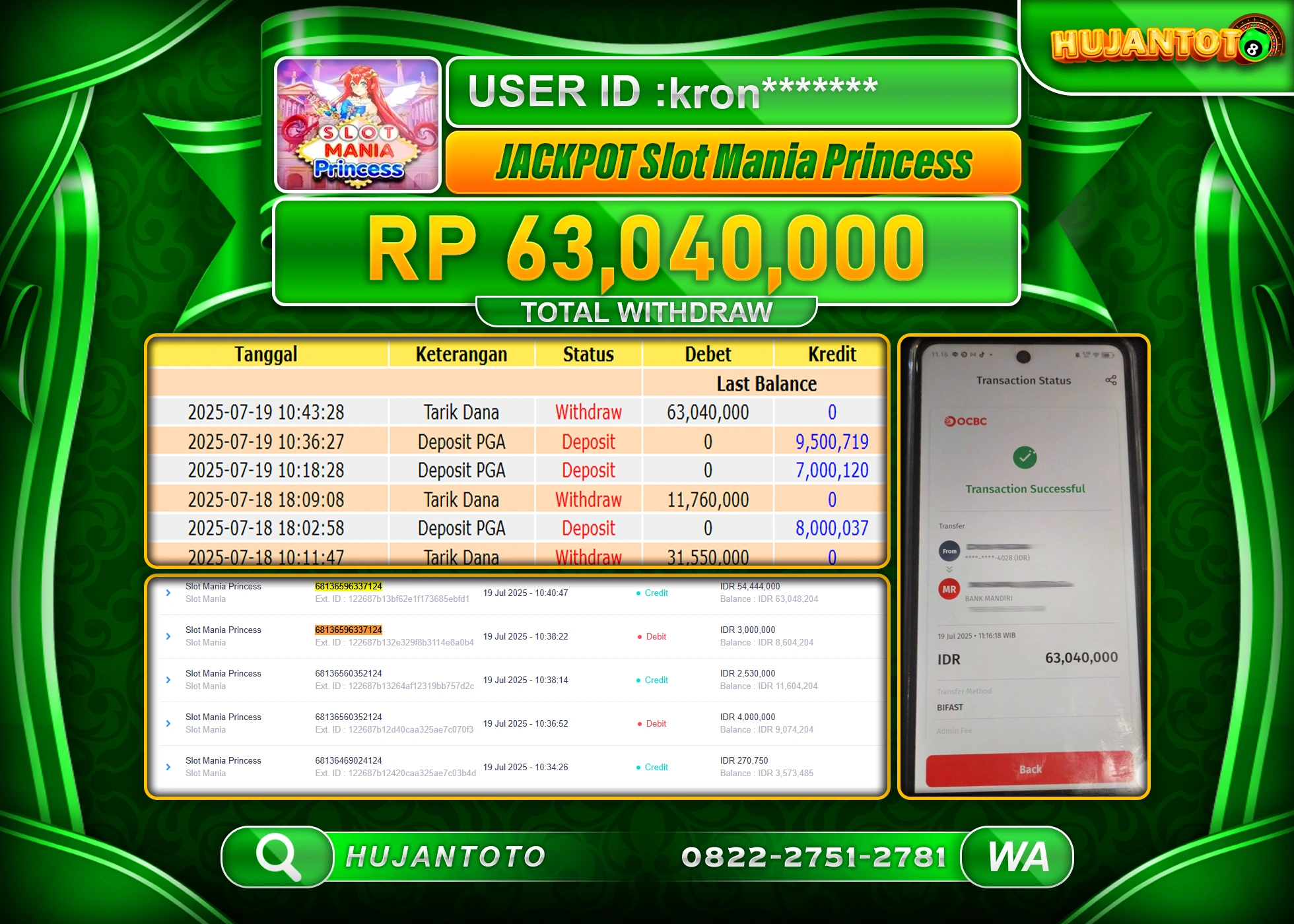 HUJANTOTO - BUKTI JACKPOT MENANG SLOT MANIA PRINCESS  Rp.63,040,000 - TERBAYAR LUNAS