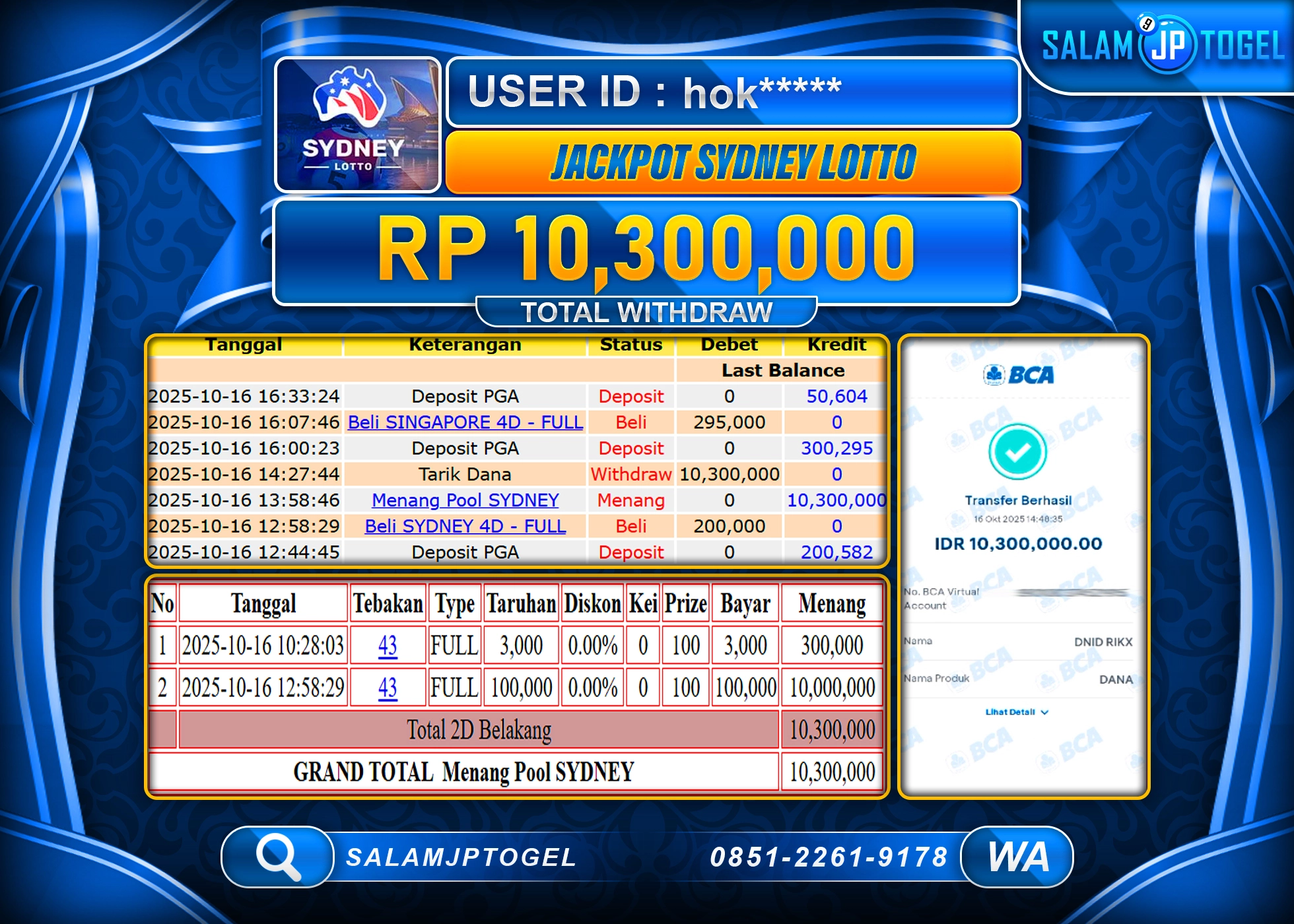 SALAMJPTOGEL MENANG JACKPOT SYDNEY LOTTO Rp.10,300,000  - LUNAS