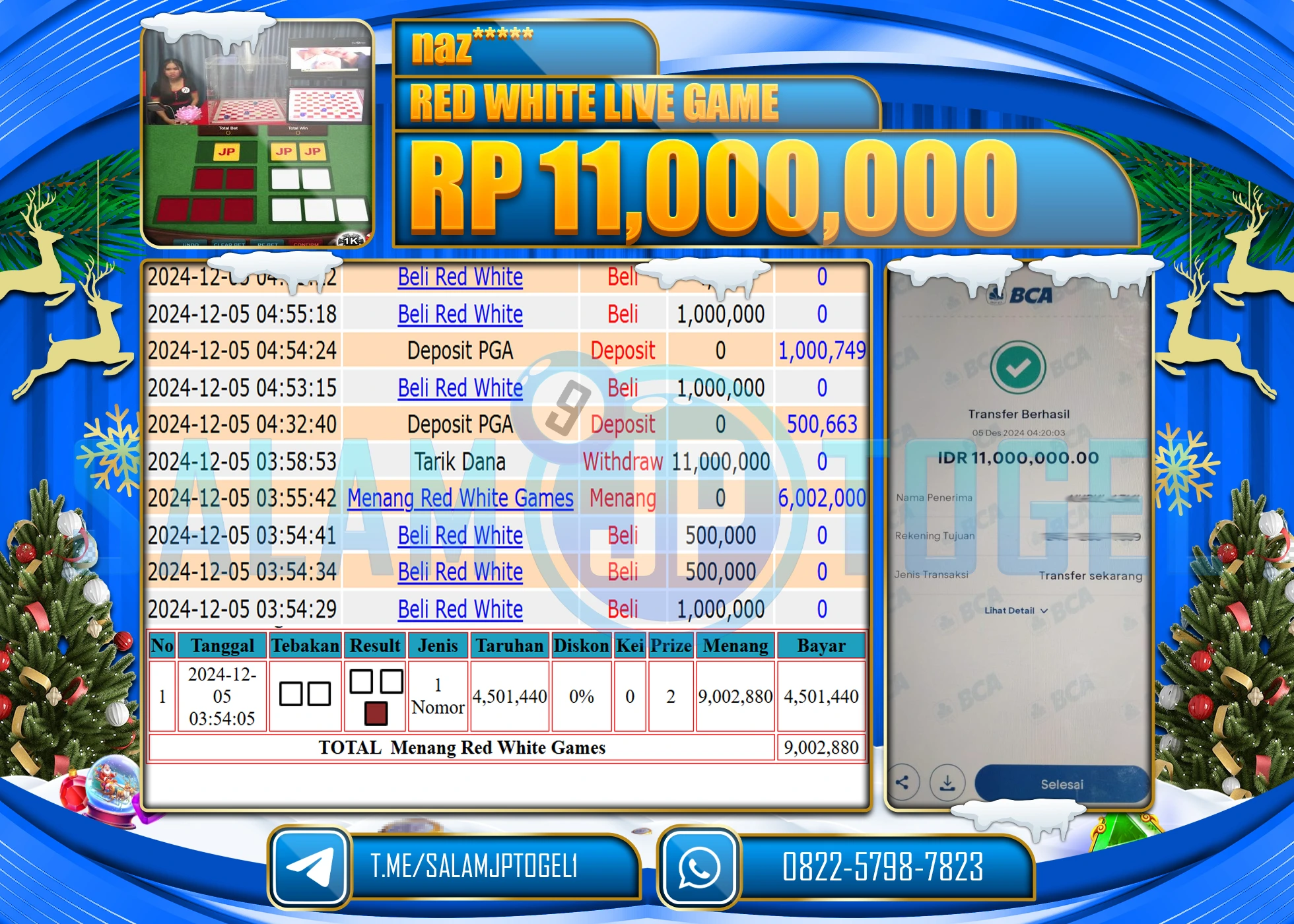 SALAMJPTOGEL MENANG LIVEGAME RED WHITE  RP. 11,000,000 LUNAS