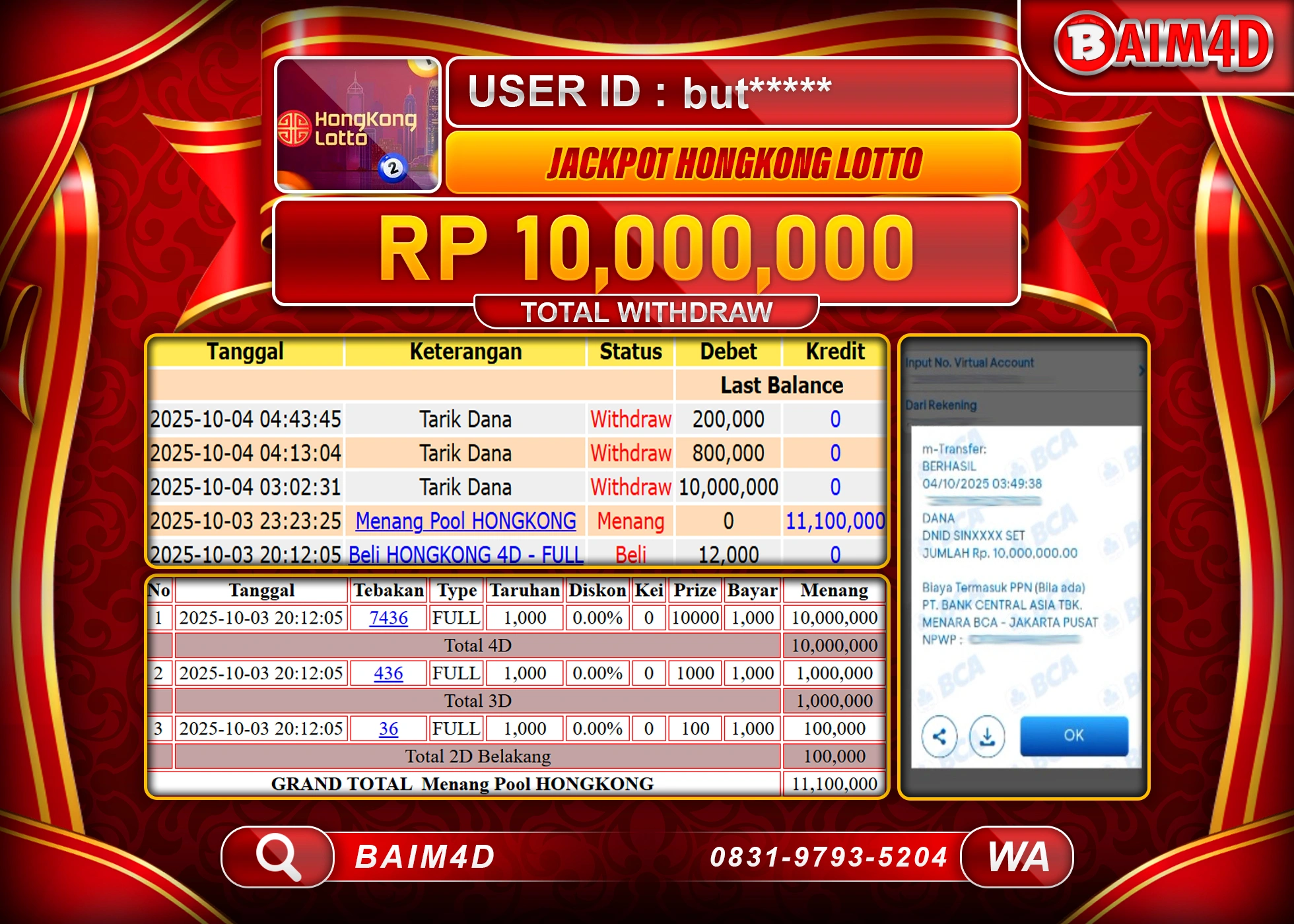 BAIM4D JACKPOT TOGEL HONGKONG LOTTO Rp.10,000,000.- LUNAS