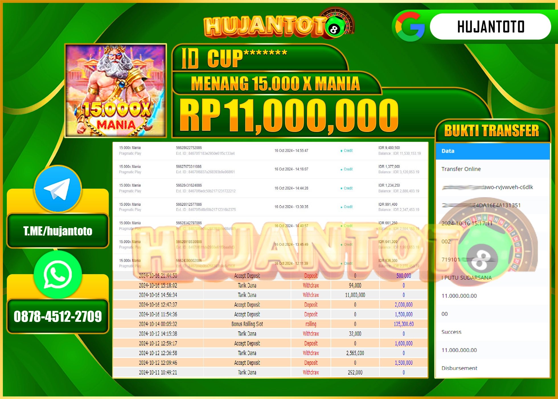 HUJANTOTO MENANG DI PERMAINAN SLOT 15.000 X MANIA  SEBESAR - 11,000,000  - LUNAS 