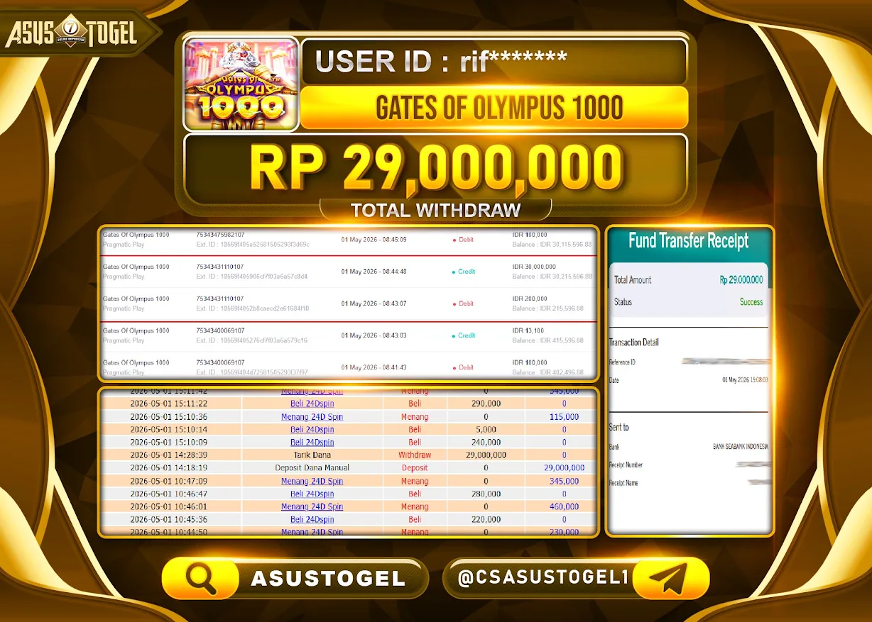 ASUSTOGEL - BUKTI JACKPOT MENANG SLOT GATES  OF OLYMPUS 1000 Rp.29,000,000 - TERBAYAR LUNAS