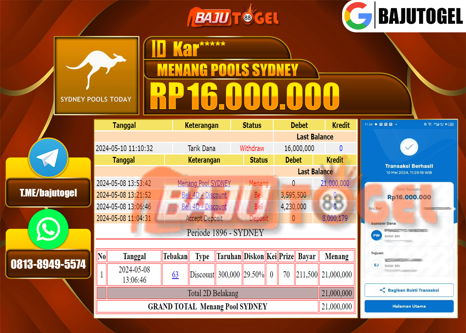 BAJUTOGEL KEMENANGAN BESAR PASARAN SYDNEY Rp.16.000.000 LUNAS