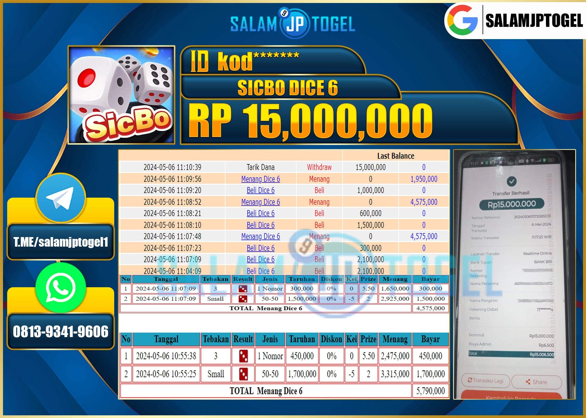 SALAMJPTOGEL MENANG CASINO SICBO RP.15,000,000.,- LUNAS