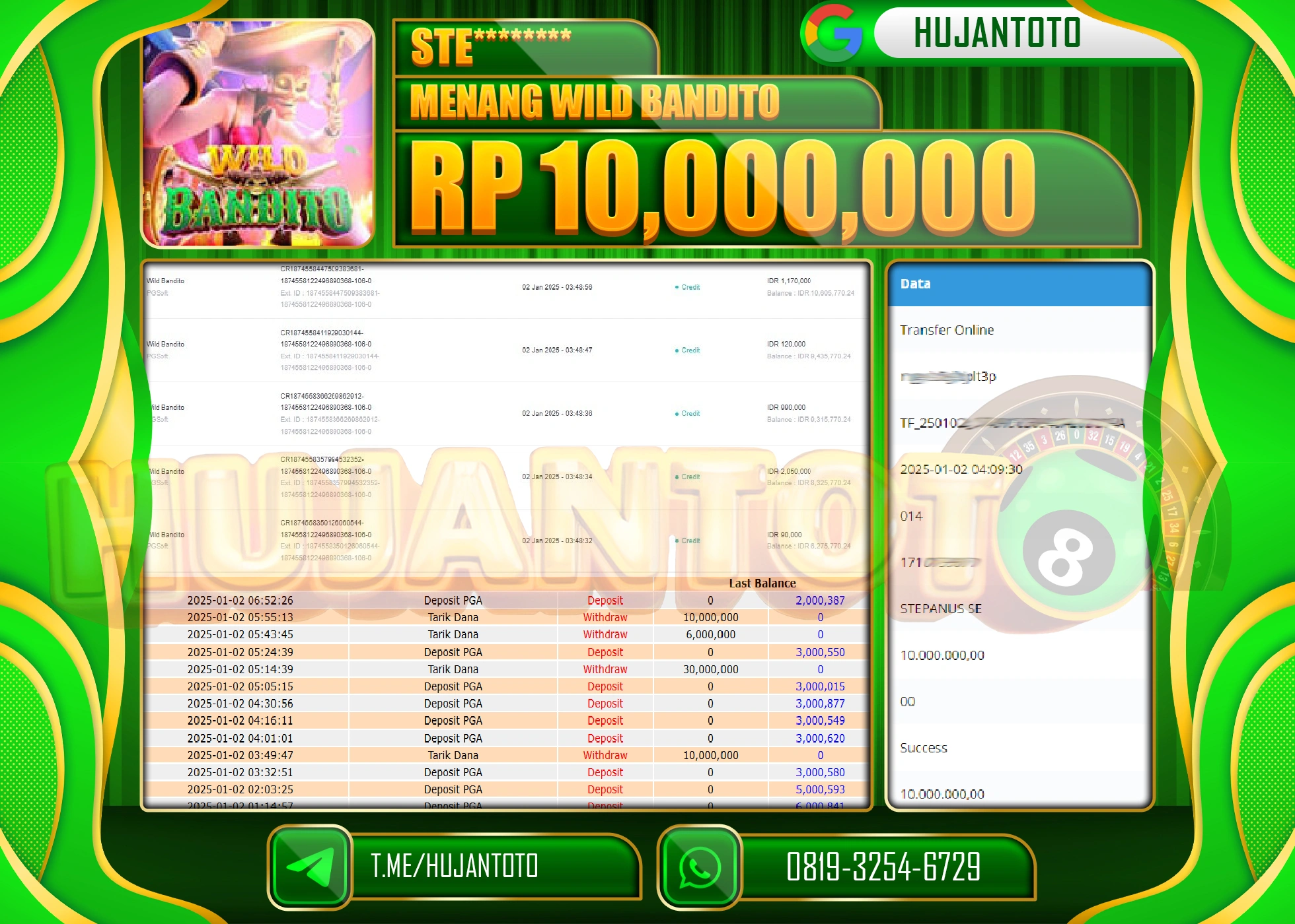 HUJANTOTO - BUKTI JACKPOT PERMAINAN SLOT WILD BANDITO Rp.10,000,000,- TERBAYAR LUNAS