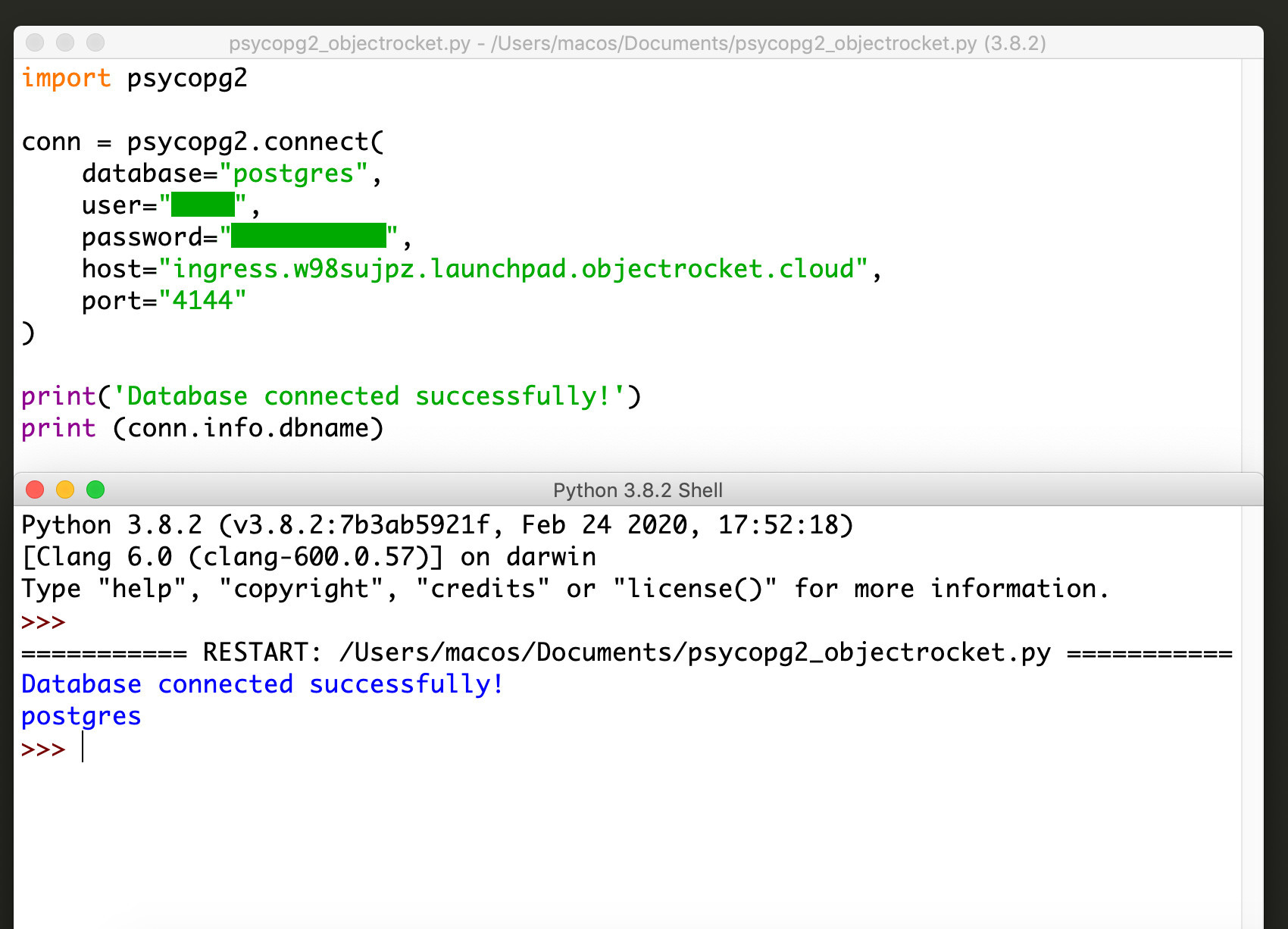Screenshot of a PostgreSQL connect to python for an ObjectRocket instance example