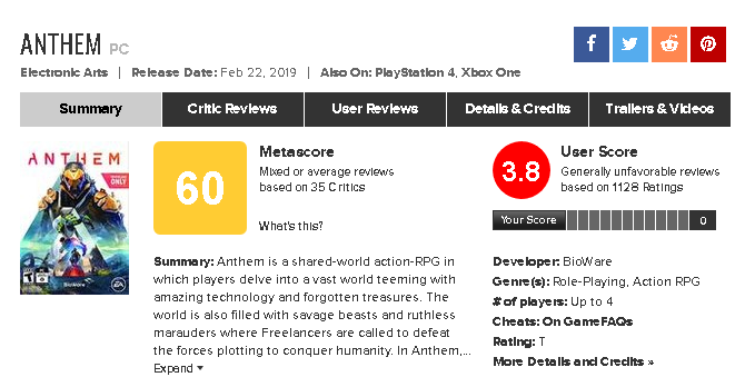 超大作 Anthem 海外レビュー バグや技術的不具合 多すぎるロード画面 わかりにくい物語 メタスコアは60点 ユーザスコアは3 8に ゲームかなー