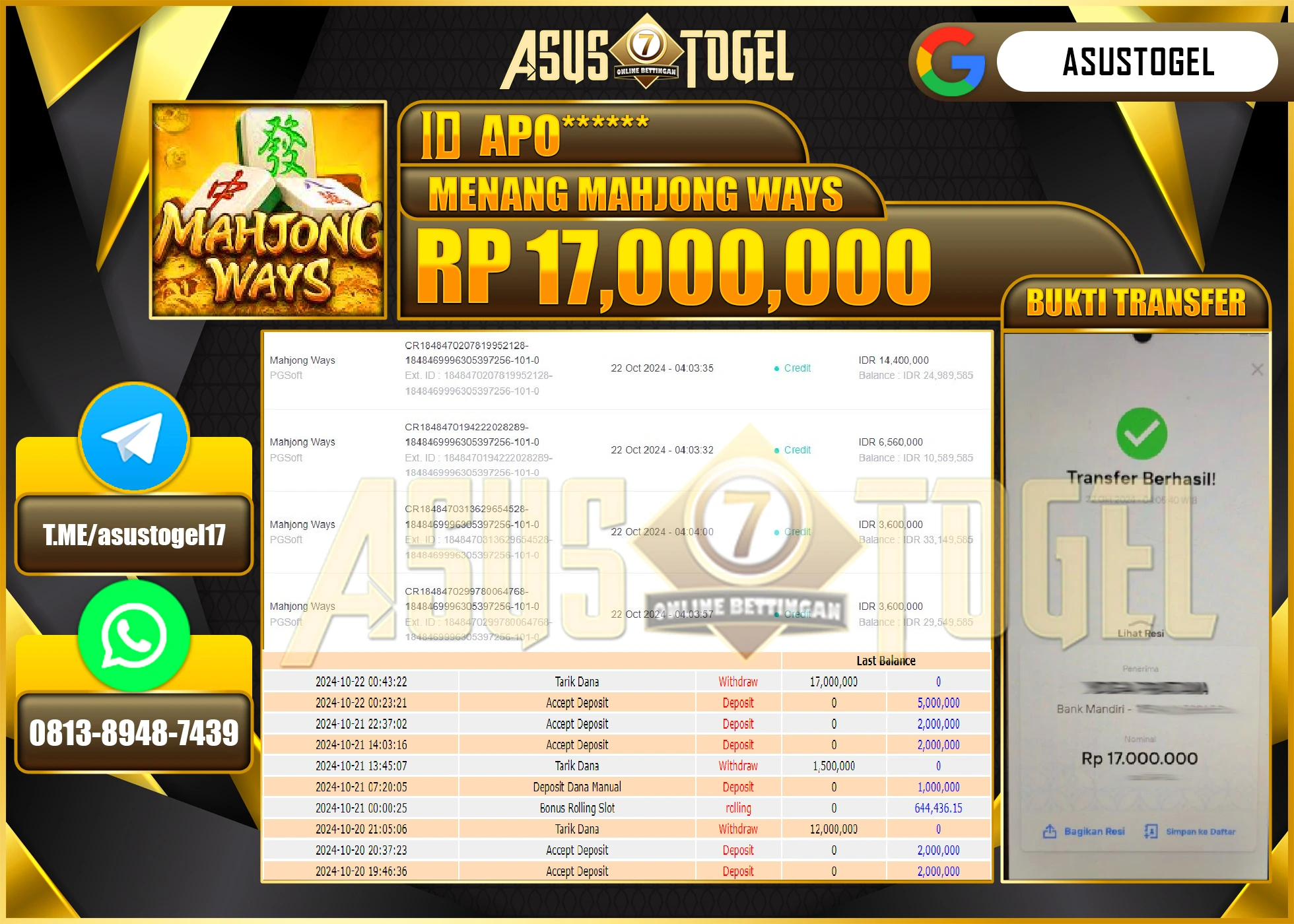 ASUSTOGEL KEMENANGAN DI GAMES MAHJONG WAYS  SEBESAR 17,000,000- RUPIAH LUNAS