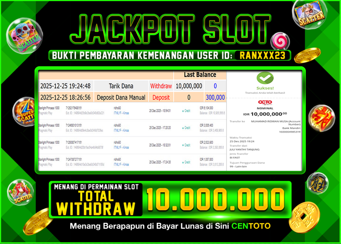 BUKTI JACKPOT SLOT CENTOTO  RP.10.000.000,-LUNAS
