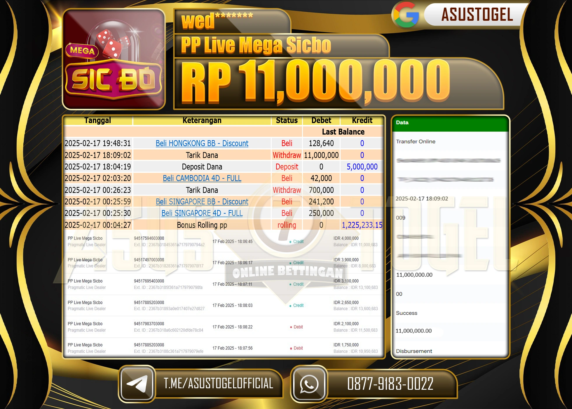 ASUSTOGEL KEMENANGAN DI PP LIVE MEGA SICBO SEBESAR 11.000.000 - RUPIAH LUNAS